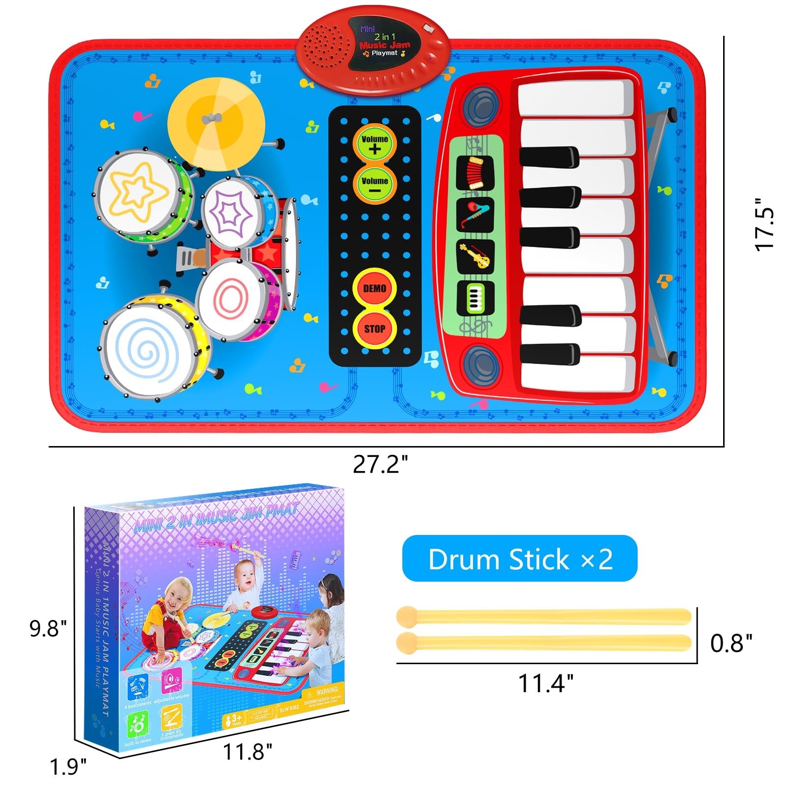 2-in-1 Musical Mat Toys for 1 2 3 4 5 Year Old, Piano Keyboard & Drum Set with 2