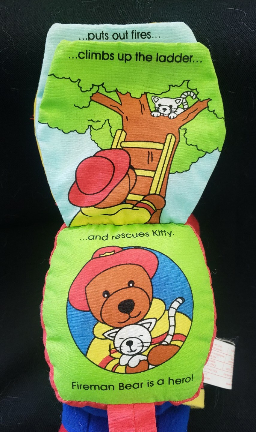 SoftPlay Plush Fireman Bear’s Storybook, Teddy Bear w/Cloth Backpack Book, 2002