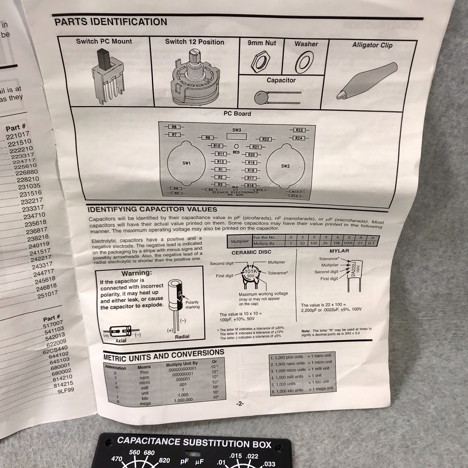 Elenco Capacitance Substitution Box Model K-38 CS-440 Unassembled Project Kit