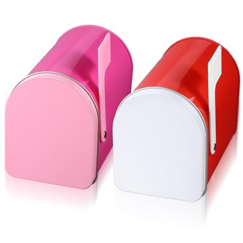 2 Pcs 5” x 3” Tinplate Mailbox Toy Valentines Mini Tin Small Red, Pink