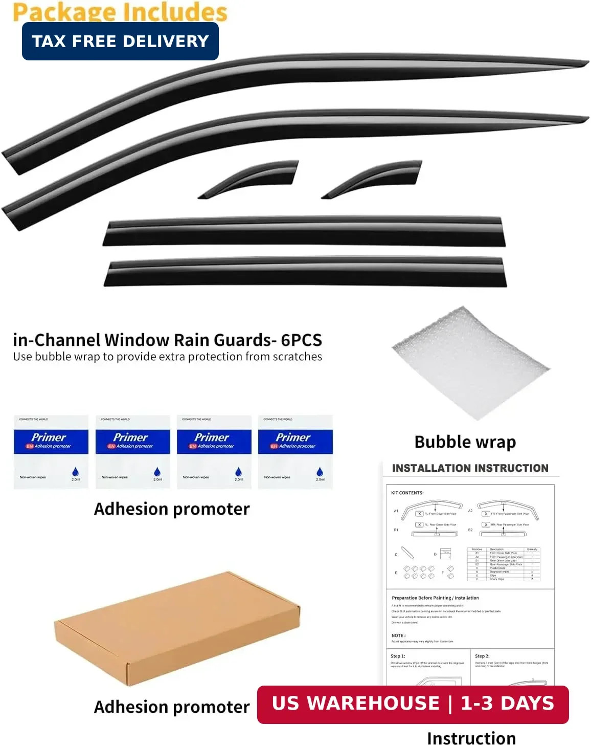 Tape-On 6pcs Rain Guards Window Visors Fit for Toyota RAV4 2019 2020 2021 2022 2