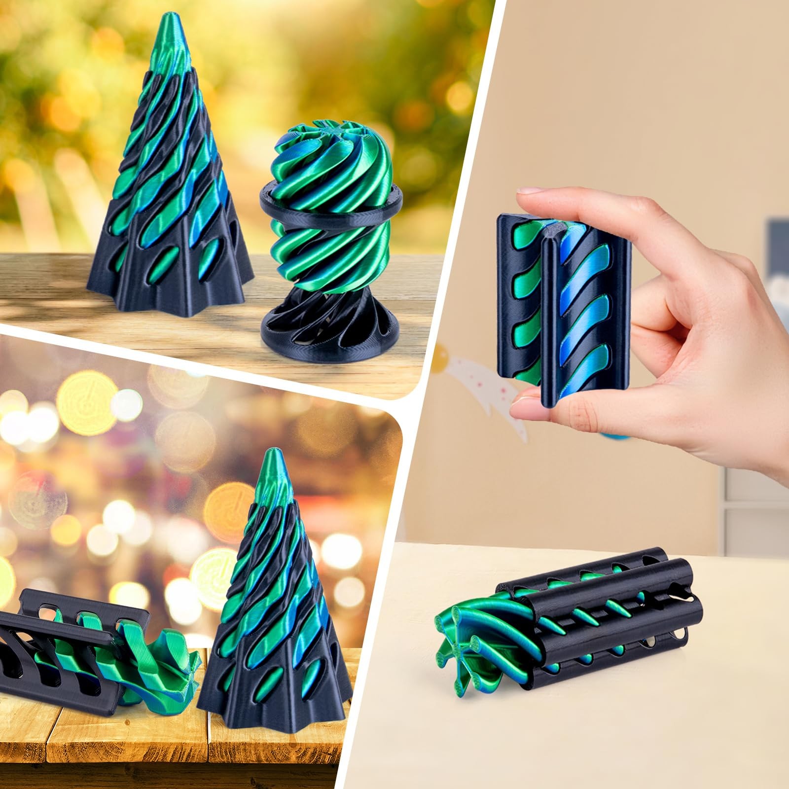 3Dgenius 4 Pack Impossible Cone Fidget Toy, 3D Printed Black+dark Blue Green