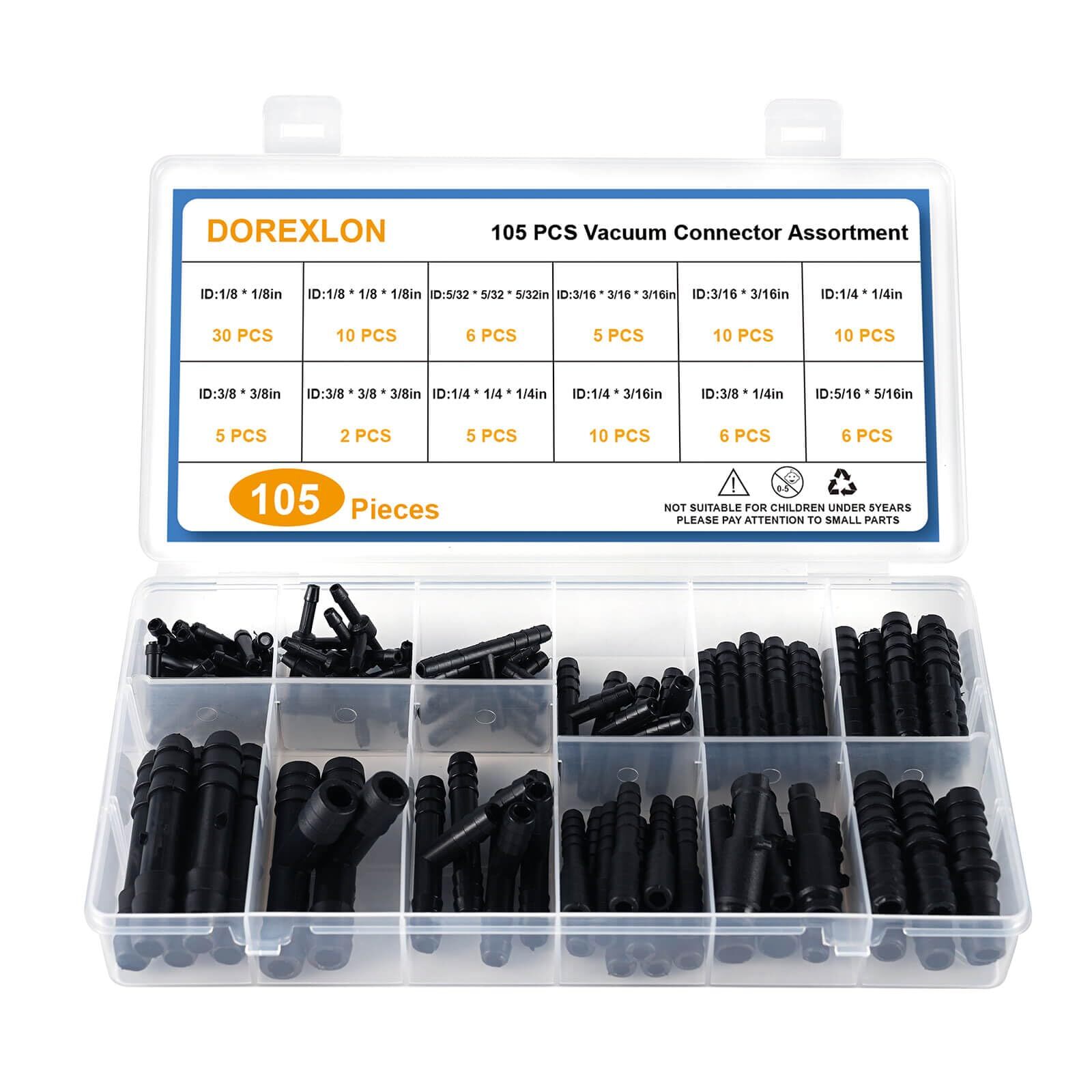 105PCS Automotive Vacuum Connector Assortment 1/8″-3/8″ Straight & Tee