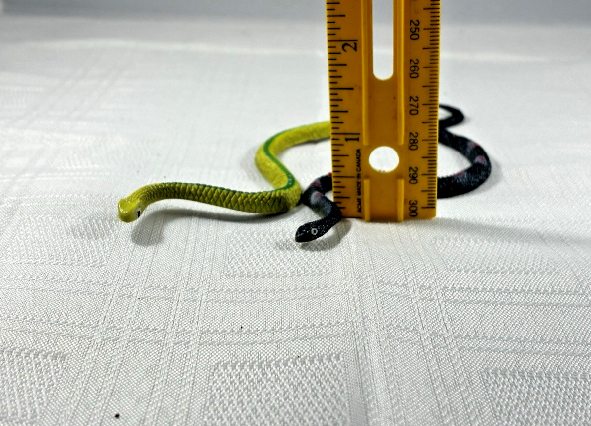 Plastic Toy Snakes Lot of 2 Black w/ Red Spots & Green/Yellow Approx 6 in