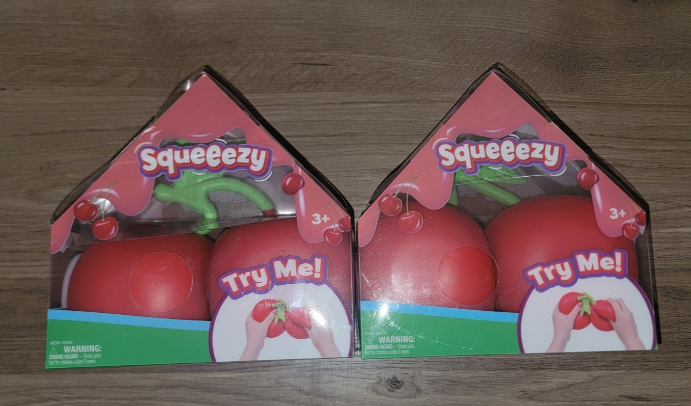 Lot of 2 Squeezy Cherries Tactile Squeeze Toy, Red & Green, Ages 3+ (3-4 Years)