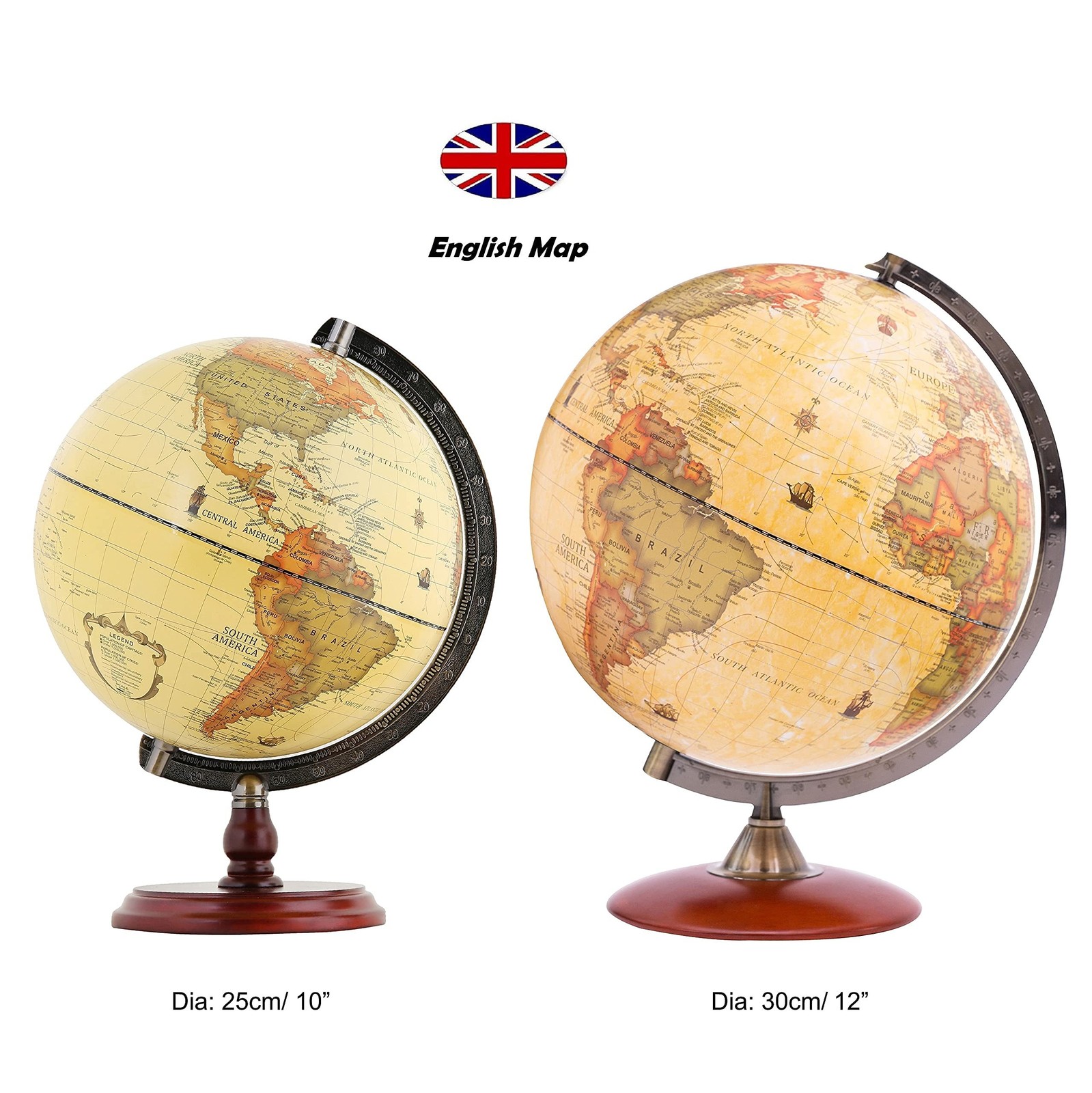 Exerz 12″ Antique Globe With a Wood Base – Rotating World Globe – Modern Map …