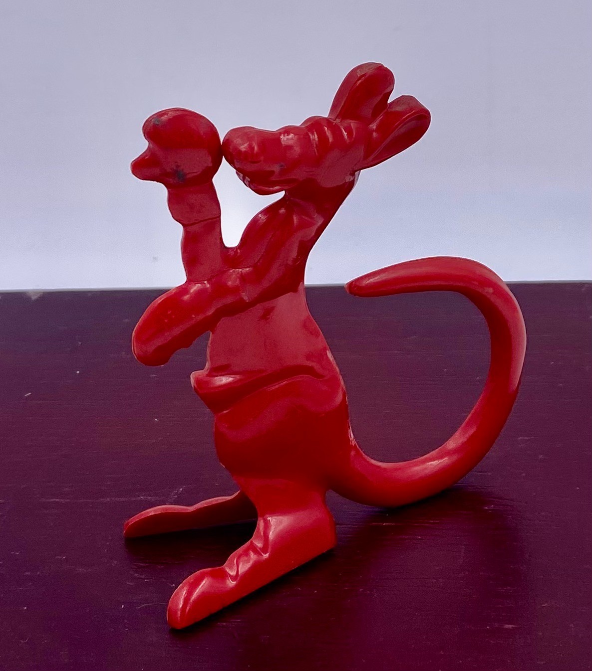 Vintage Hard Plastic 3.5″ tall Boxing Kangaroo – red plastic – no markings