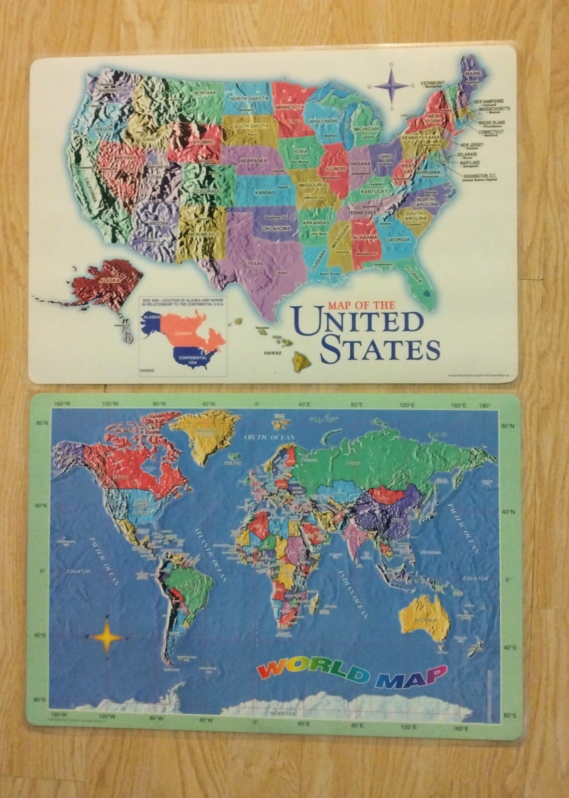 Lot of 2 1997 Educational Geography World Map United States Place Mats