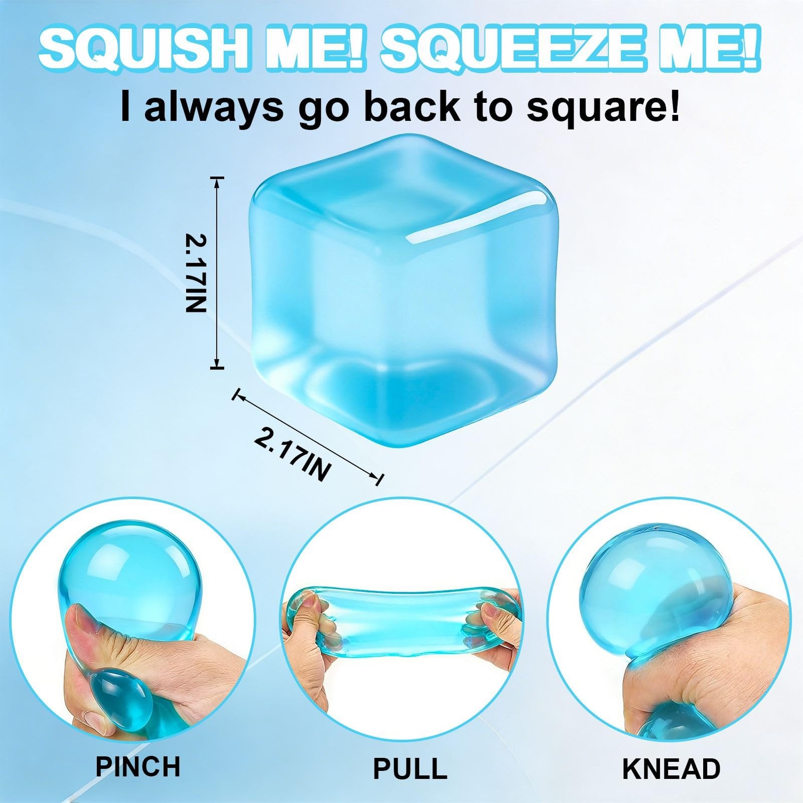 Cube Squishy Stress Relief Toys, Clear Sensory Fidget Toys for Anxiety & Blue