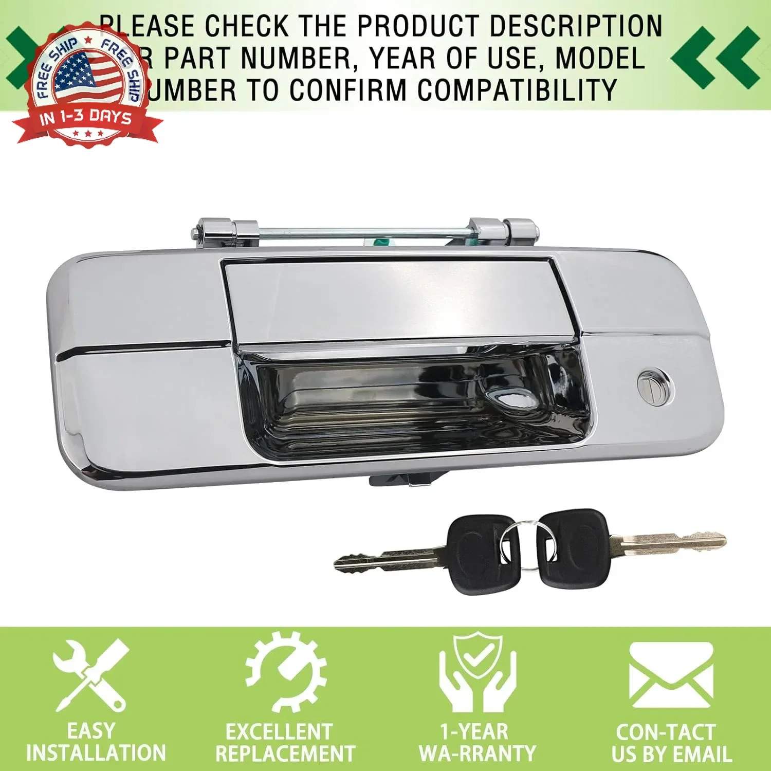Chrome Tailgate Handle Liftgate Latch Handle with Key Lock Cylinder fit for 2007