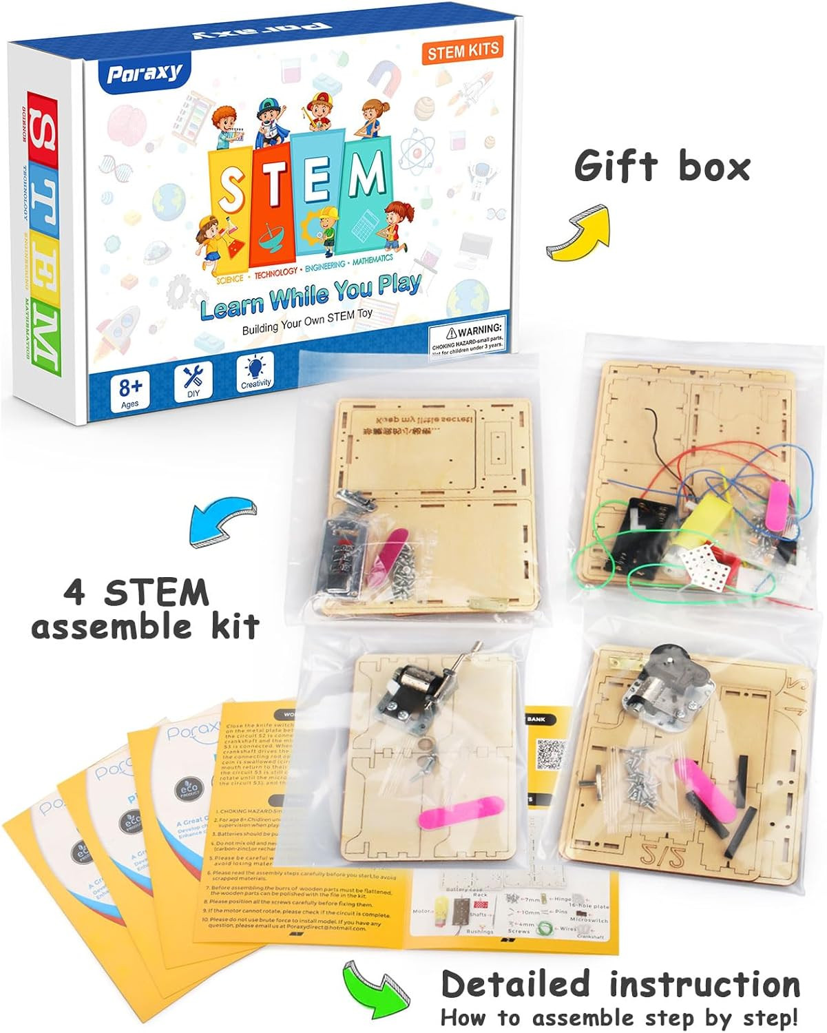 Poraxy 4 Set STEM Kits for Kids Ages 8-10 10-12, Toys for Ages 8-13, Music Box,