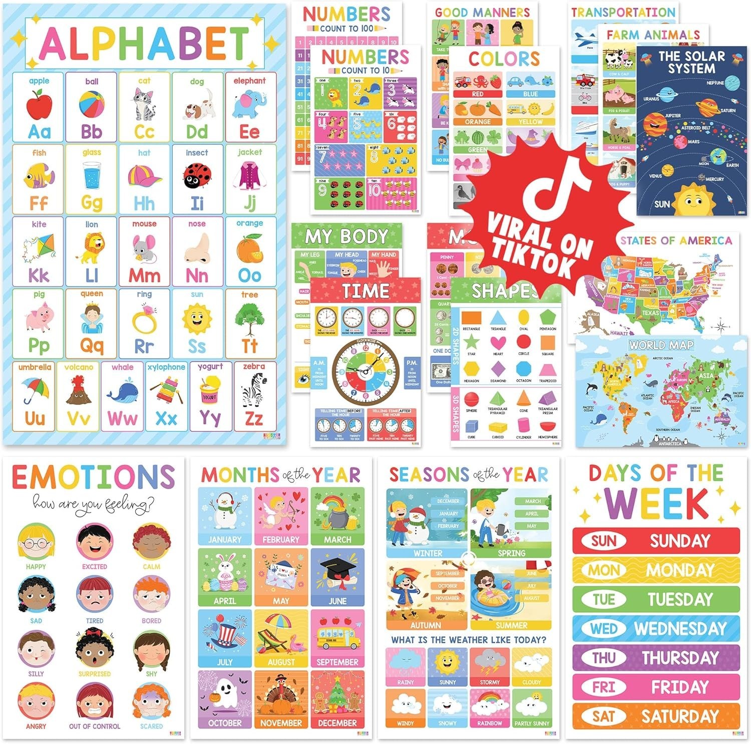 Preschool Learning Posters, Waterproof Educational Decor for Nursery & Daycare