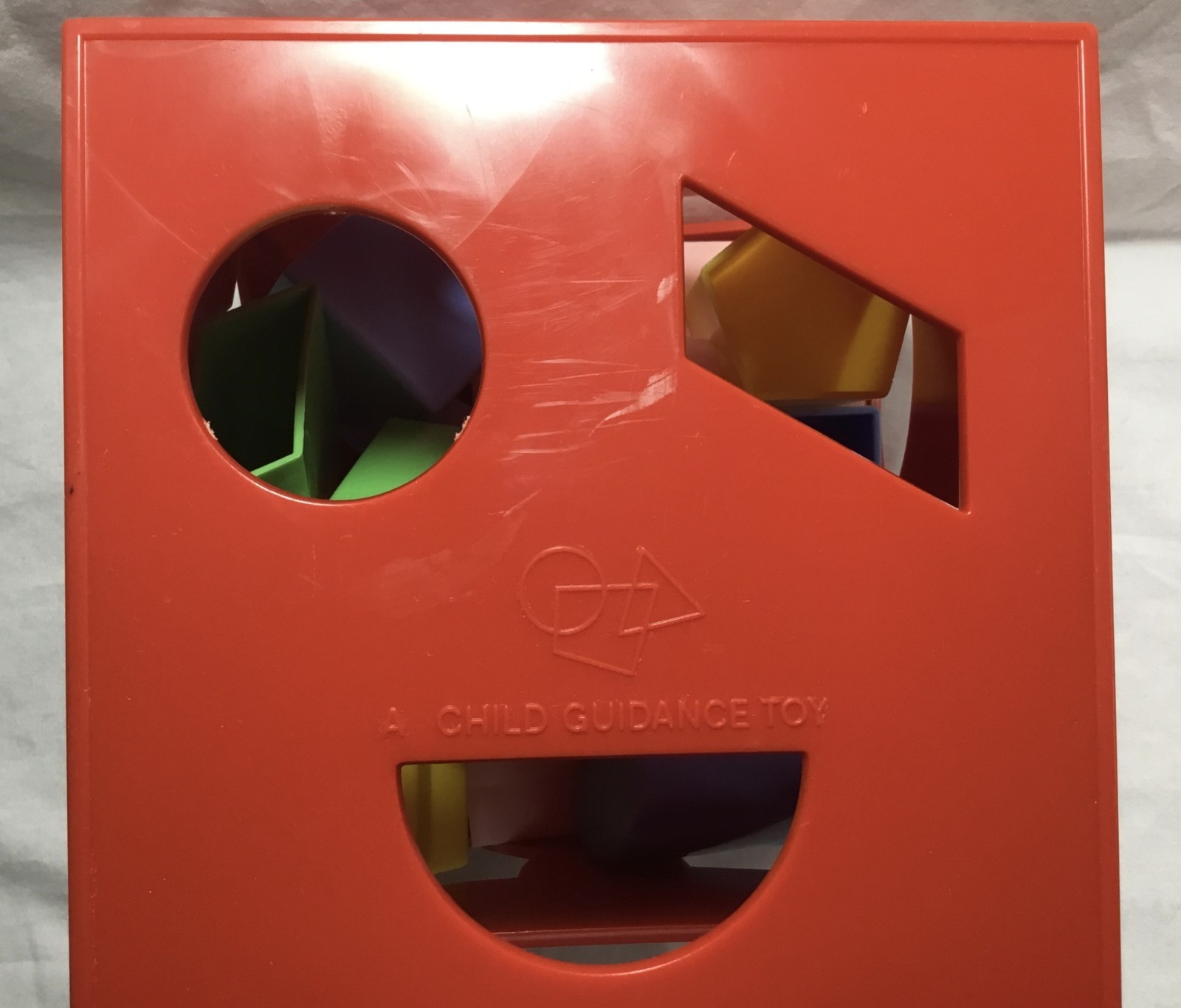 Toy shape sorter, Child Guidance, complete set 18 shapes, 5.5″ red cube