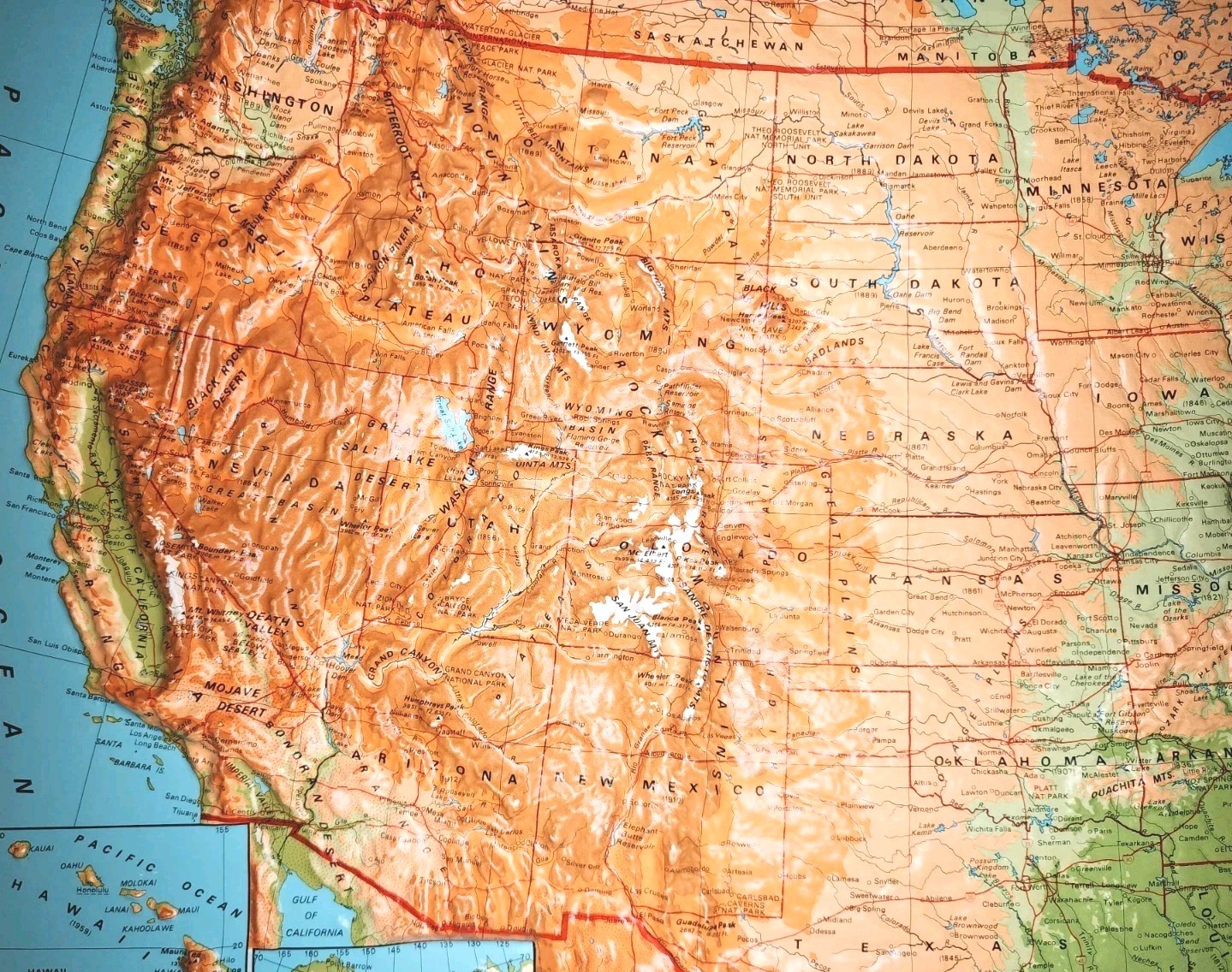 Rare Pair of Vintage A.J. Nystrom 3D Raised Relief USA & World Maps ca. 1960 NOS