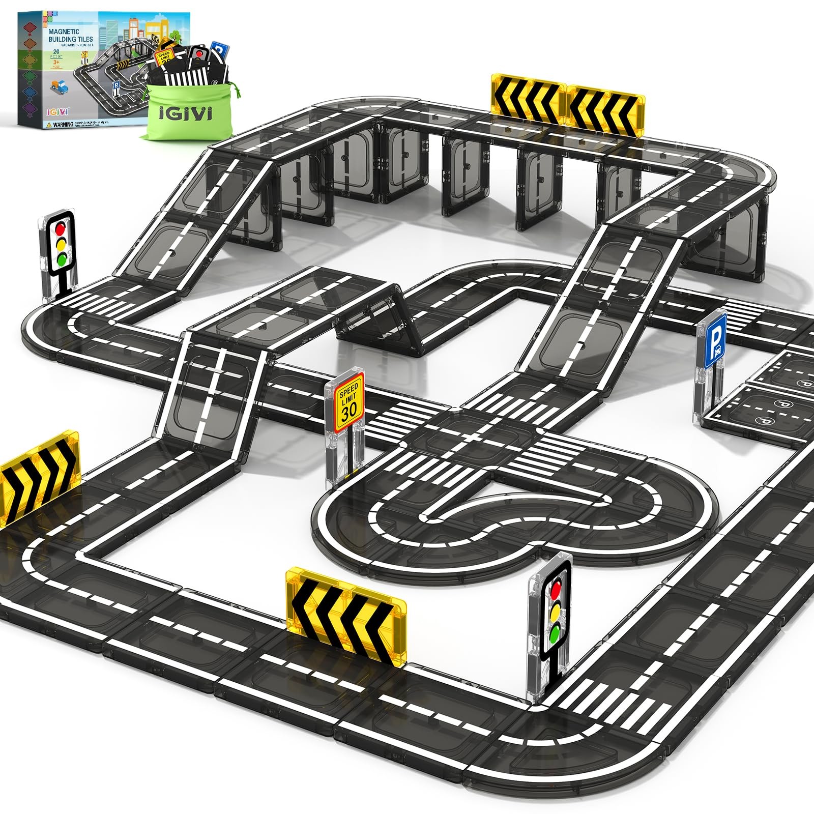 IGIVI Magnetic Tiles Road Toddler Toys, Magnet Building Small, Colorful