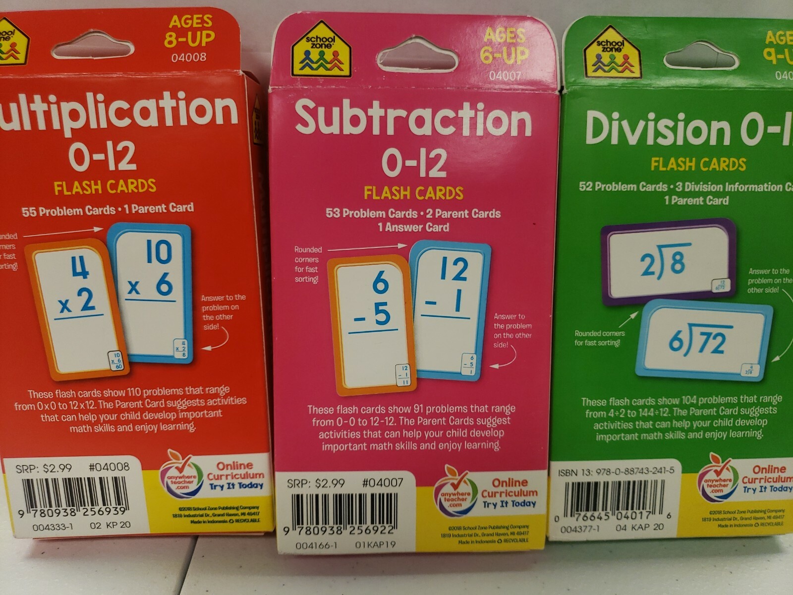 School Zone Multiplication, Subtraction, Division 0-12 Flash Cards Ages 6-Up
