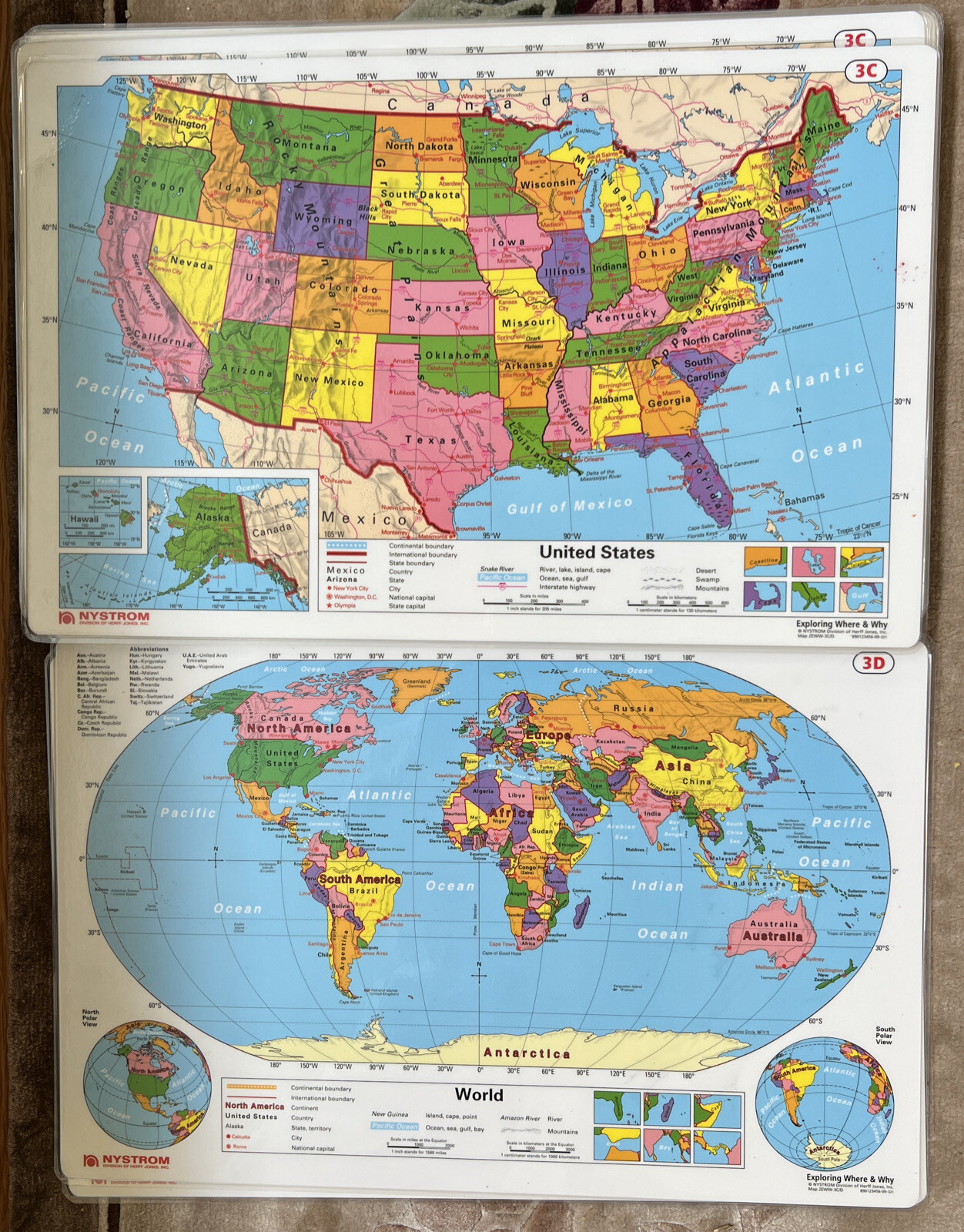 17″X11″ 28 Laminated Double Sided United States World Map 3D /C Nystrom Teacher