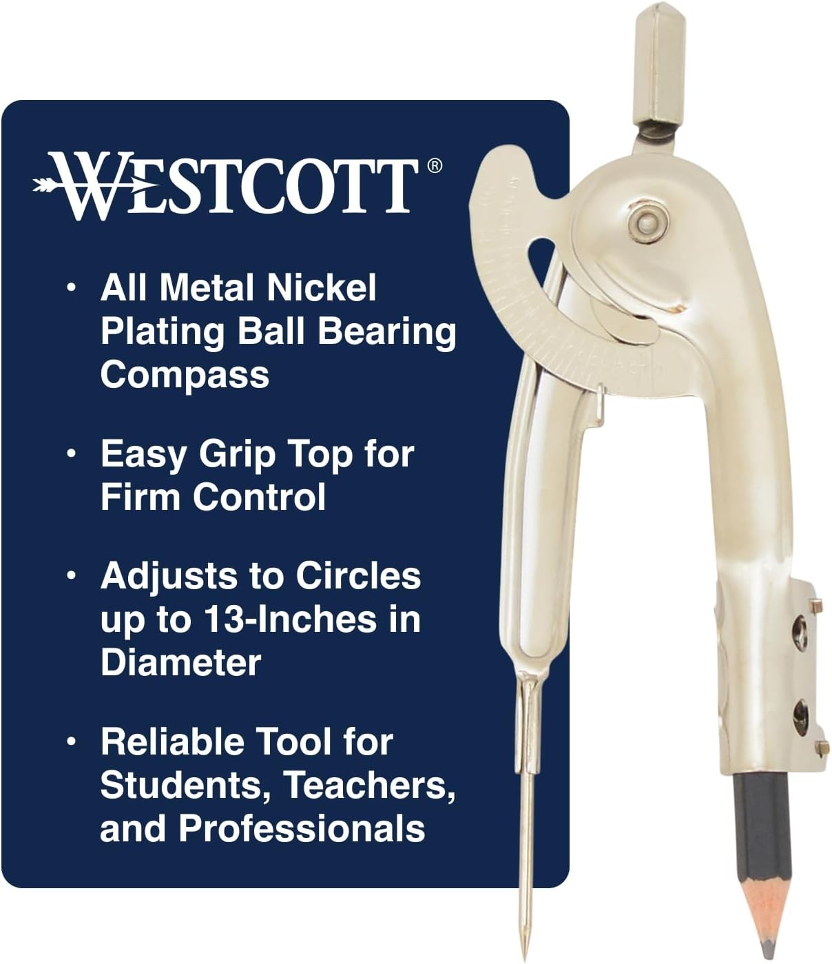 Westcott Nickel-Plated Ball Bearing Compass with Bearing, Multicolor