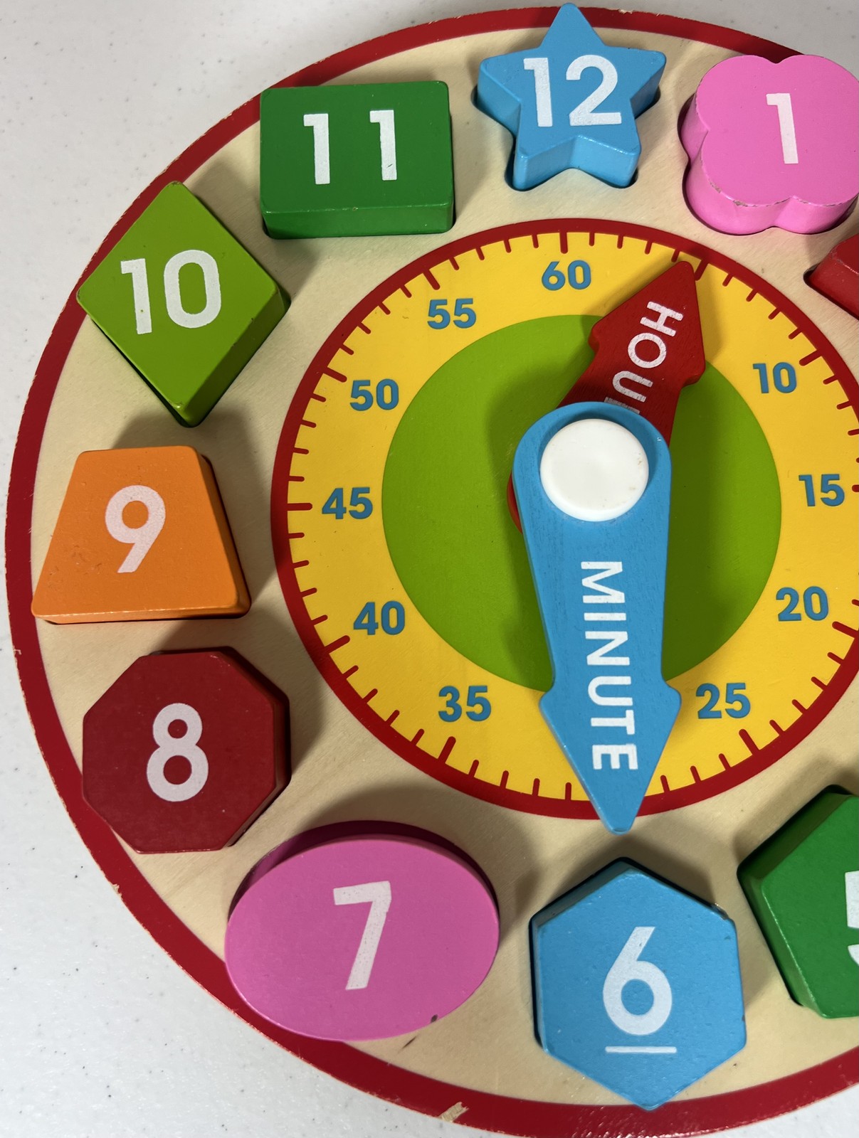 Wooden Educational Clock Puzzle Shape Sorter Telling Time Numbers Colors Kids