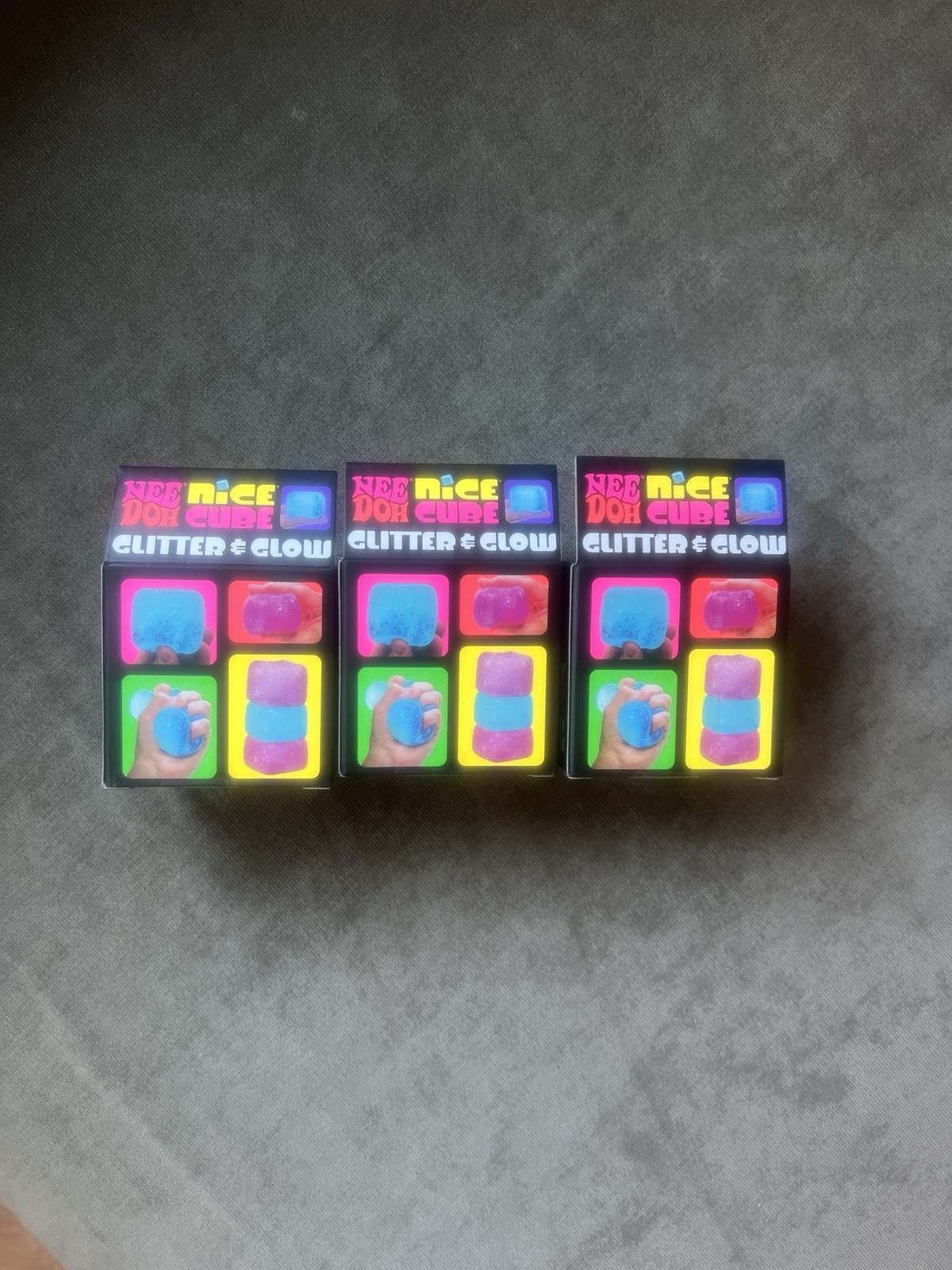Lot Of 3 Needoh Nice Cube Glitter And Glow. Pink, Purple And Blue!