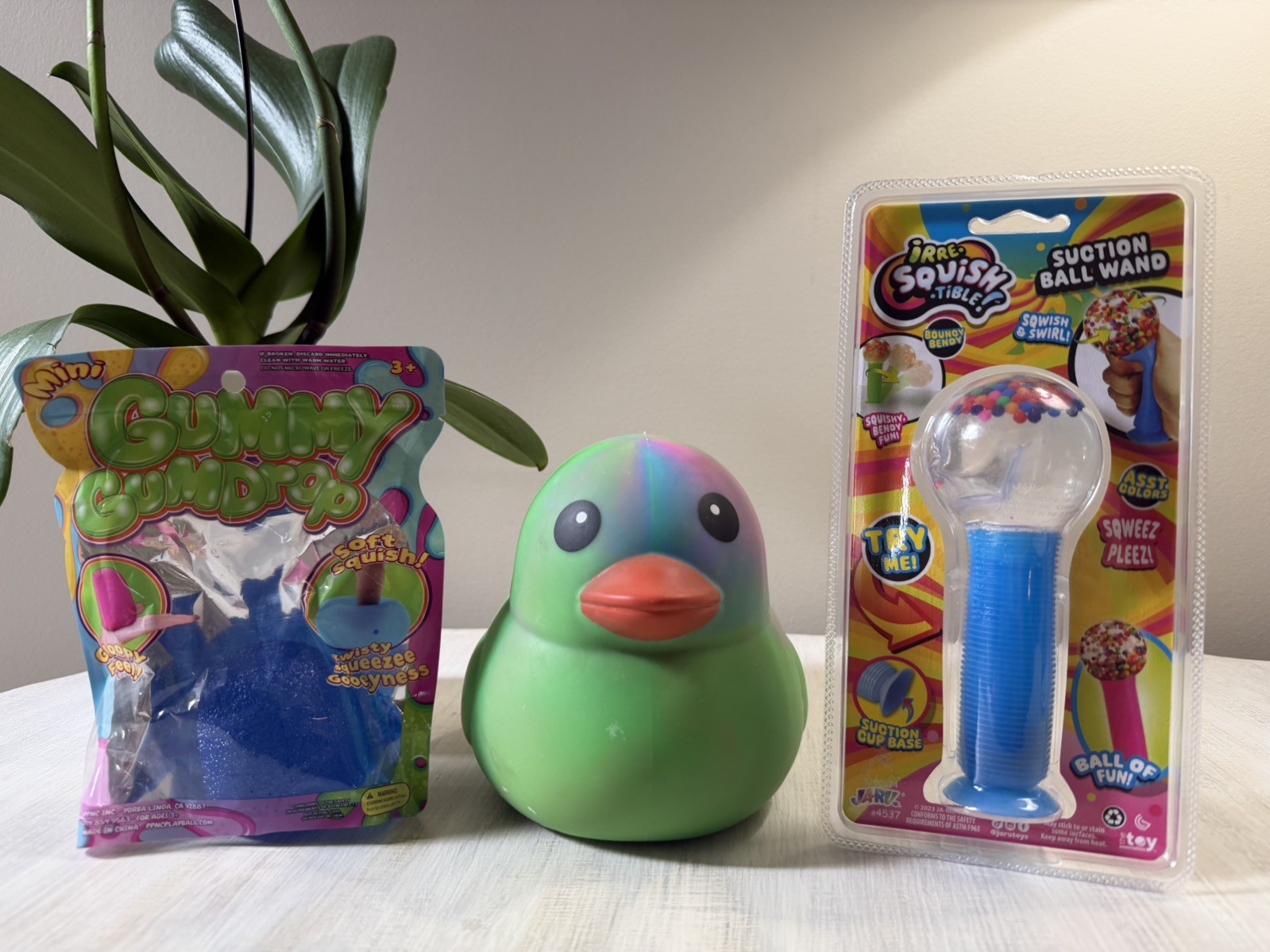 Lot of 3 Squishy items! Tie Dye Duck, Gummy Gum Drop & Squishy Ball Wand🔥