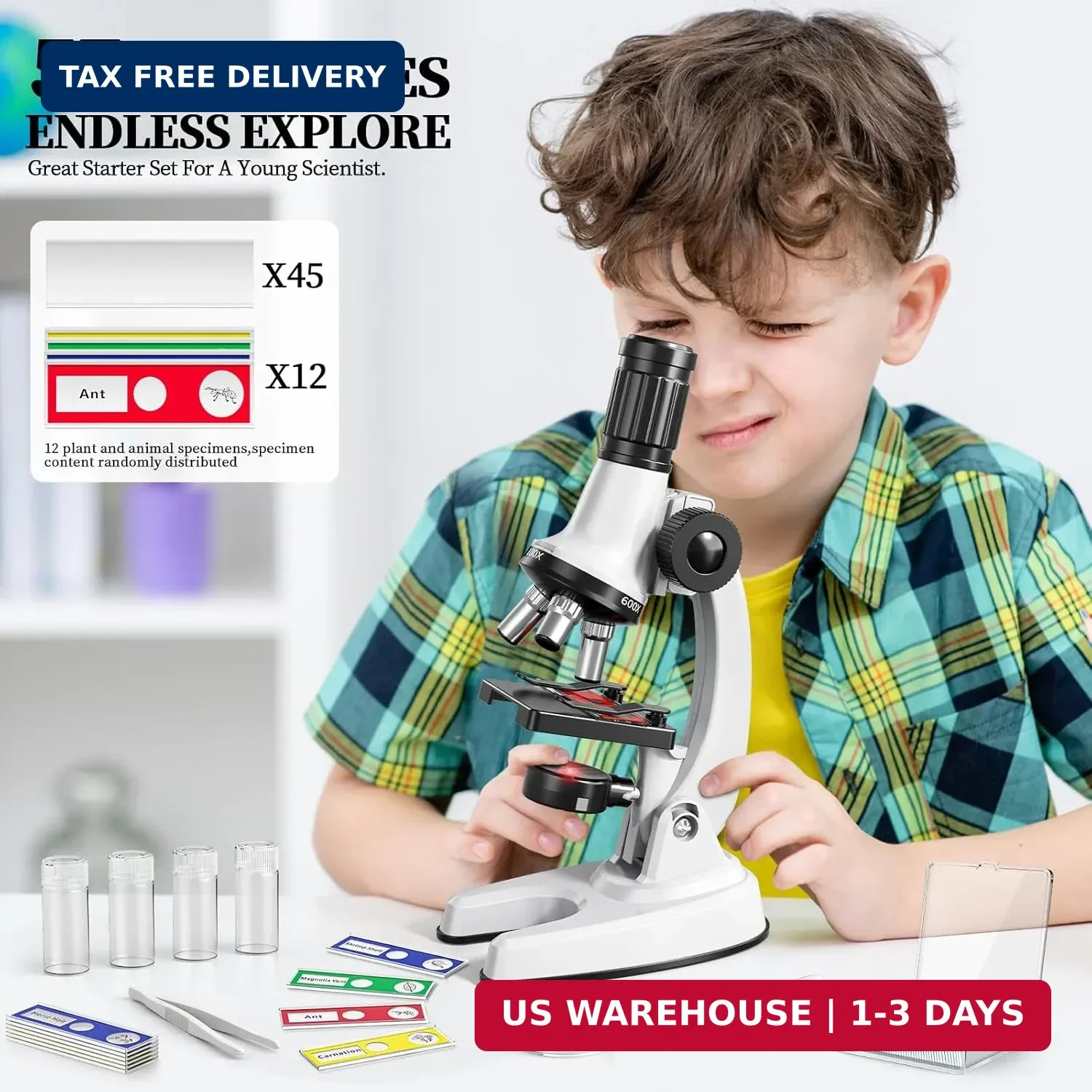 65 Pieces Microscope Kit for Kids Ages 5-7 8-13, 100X-1200X Magnification with 7