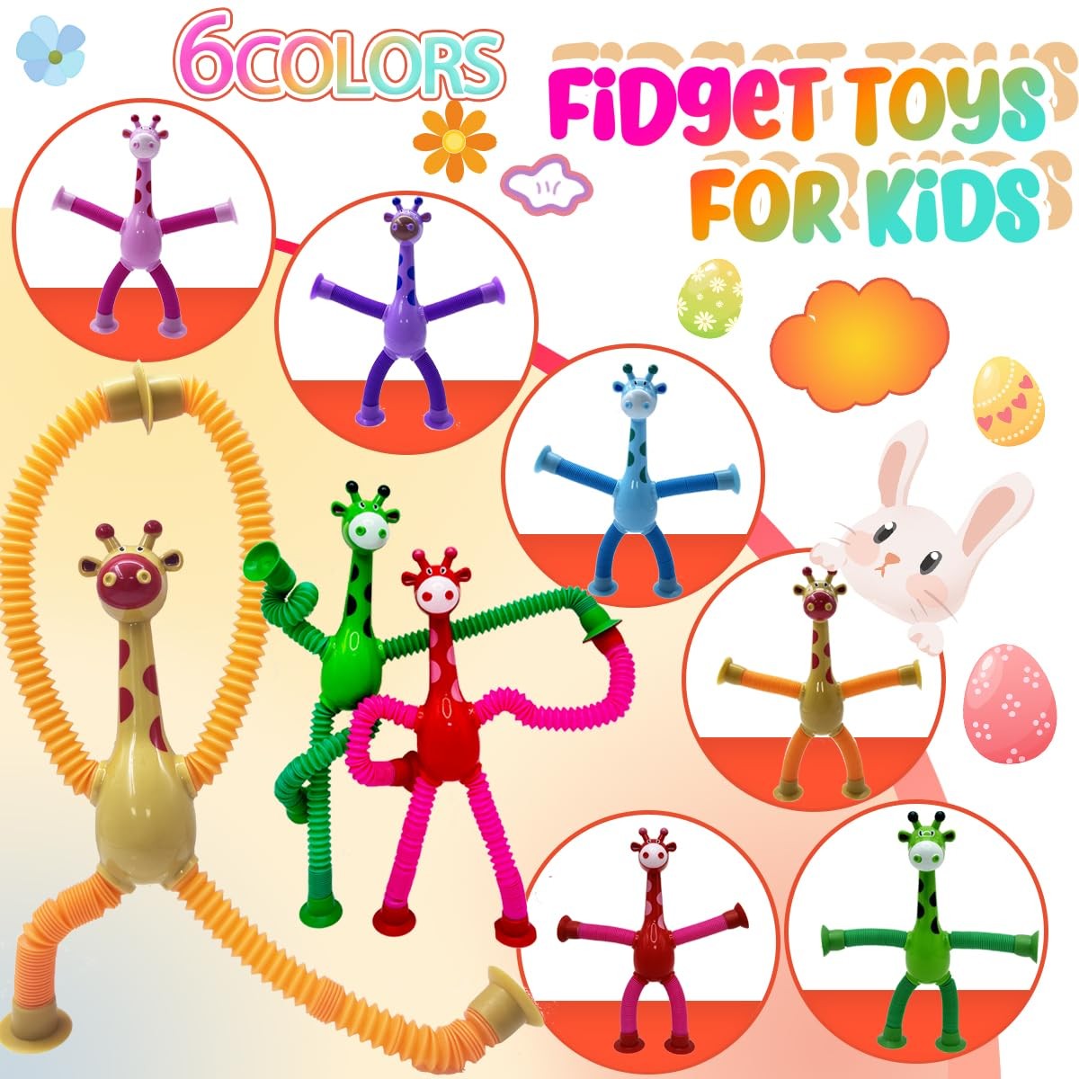 Telescopic Suction Cup Toy, Pop Tube Sensory Fidget 3.5 inches, 6pc-giraffe
