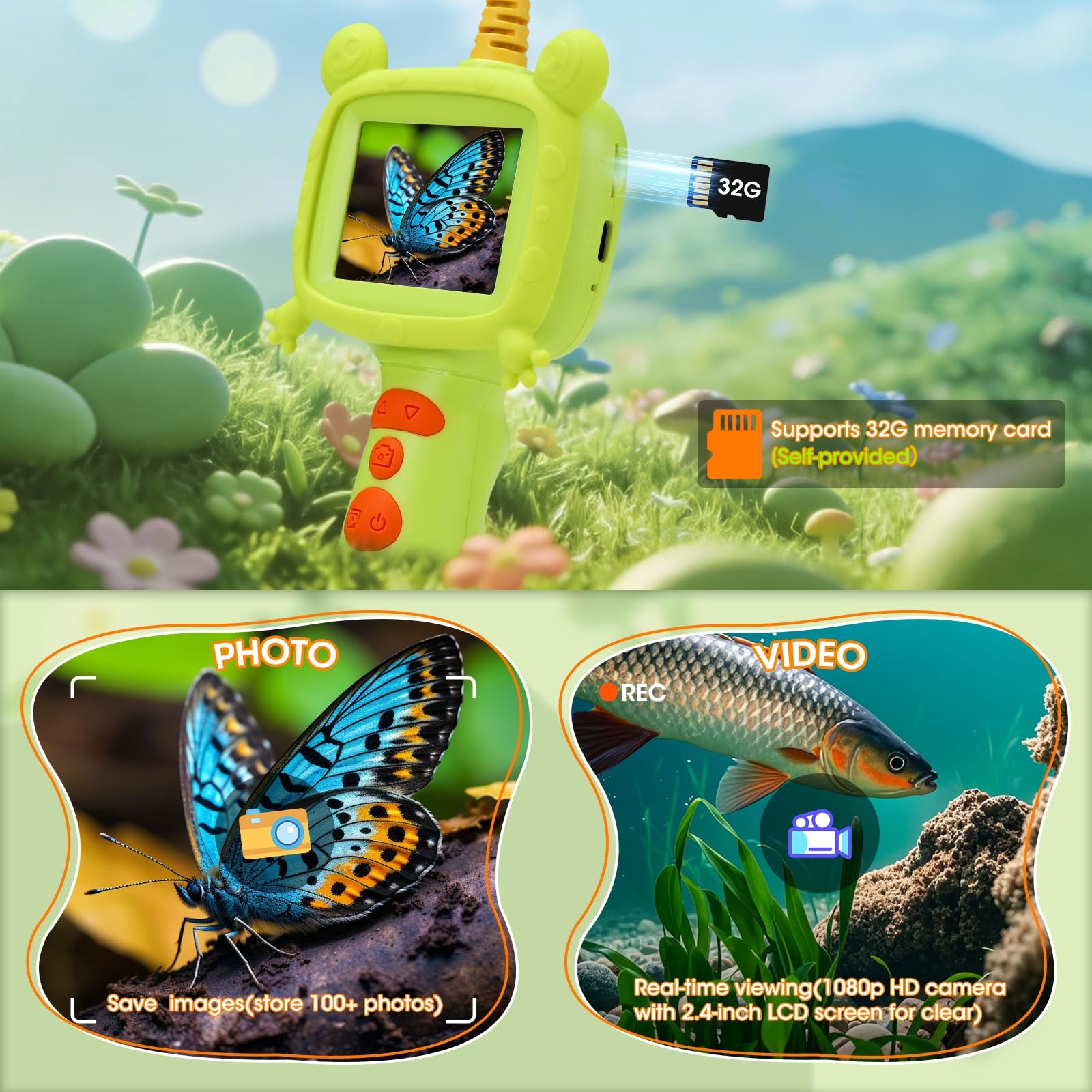 BESTISAN Kids Borescope Camera Toy with Light – STEM Science Green