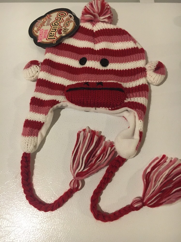 SOCK MONKEY Winter Hat/Cap ~Ear Flaps~Ladies/Girl’s/Women’s~One Size~Red/Pink