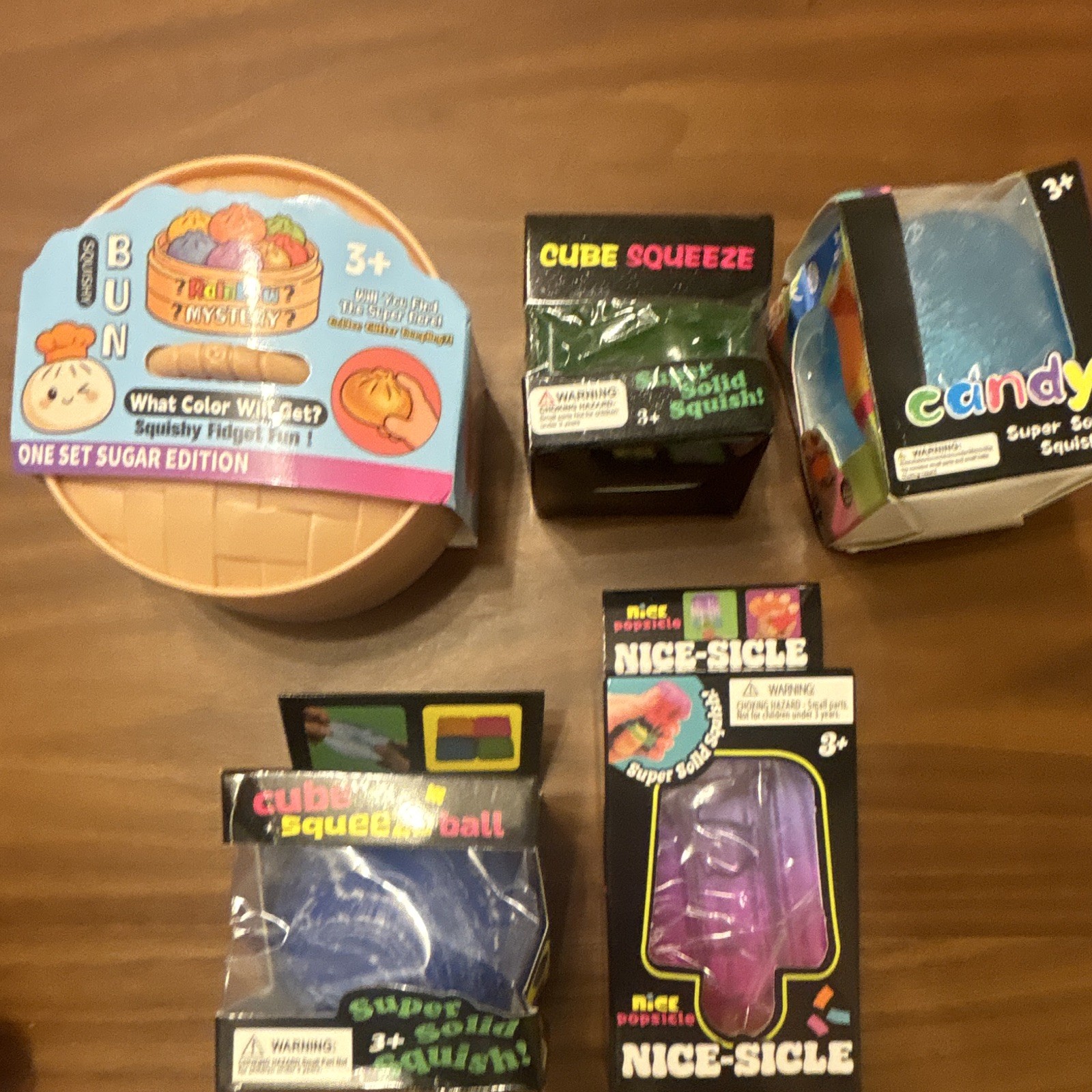 Nice Popsicle Lot of 5 Fidget Squeeze Toys Cube, Ball, Candy, Nice-Sicle, Bun 3+