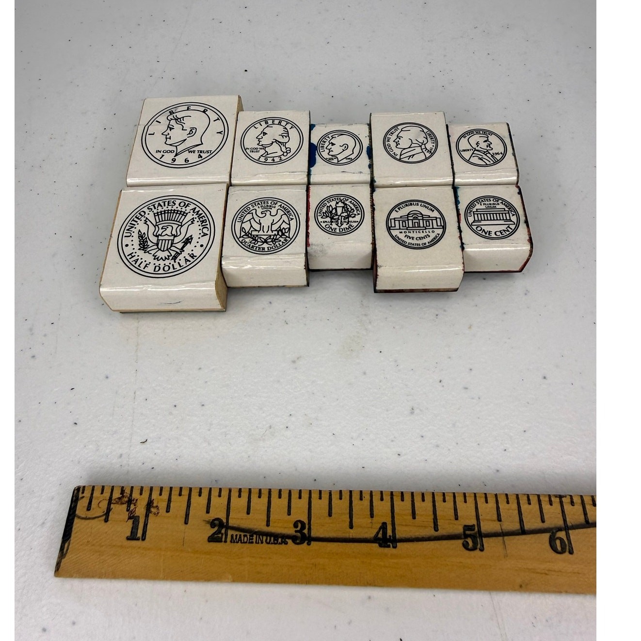 Vintage Coin Rubber Stamp Set Kennedy 1/2 Dollar Quarter Dime Nickel Penny 10 Pc