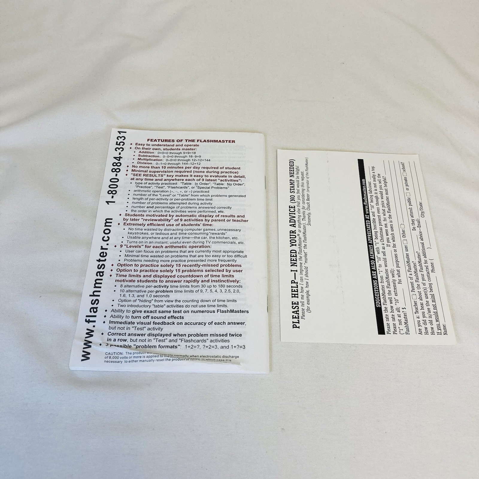 FlashMaster MT1A Electronic Learning Tool Math Tables With Instruction Manual