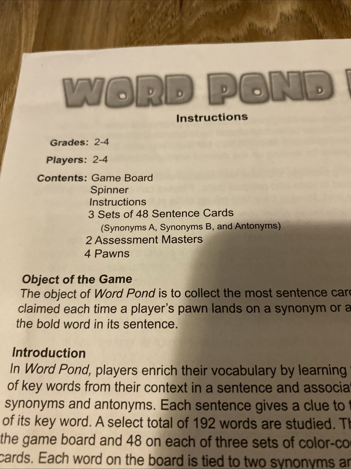 Word Pond I Synonyms & Antonyms Board Game Complete Grades 2-4 WCA