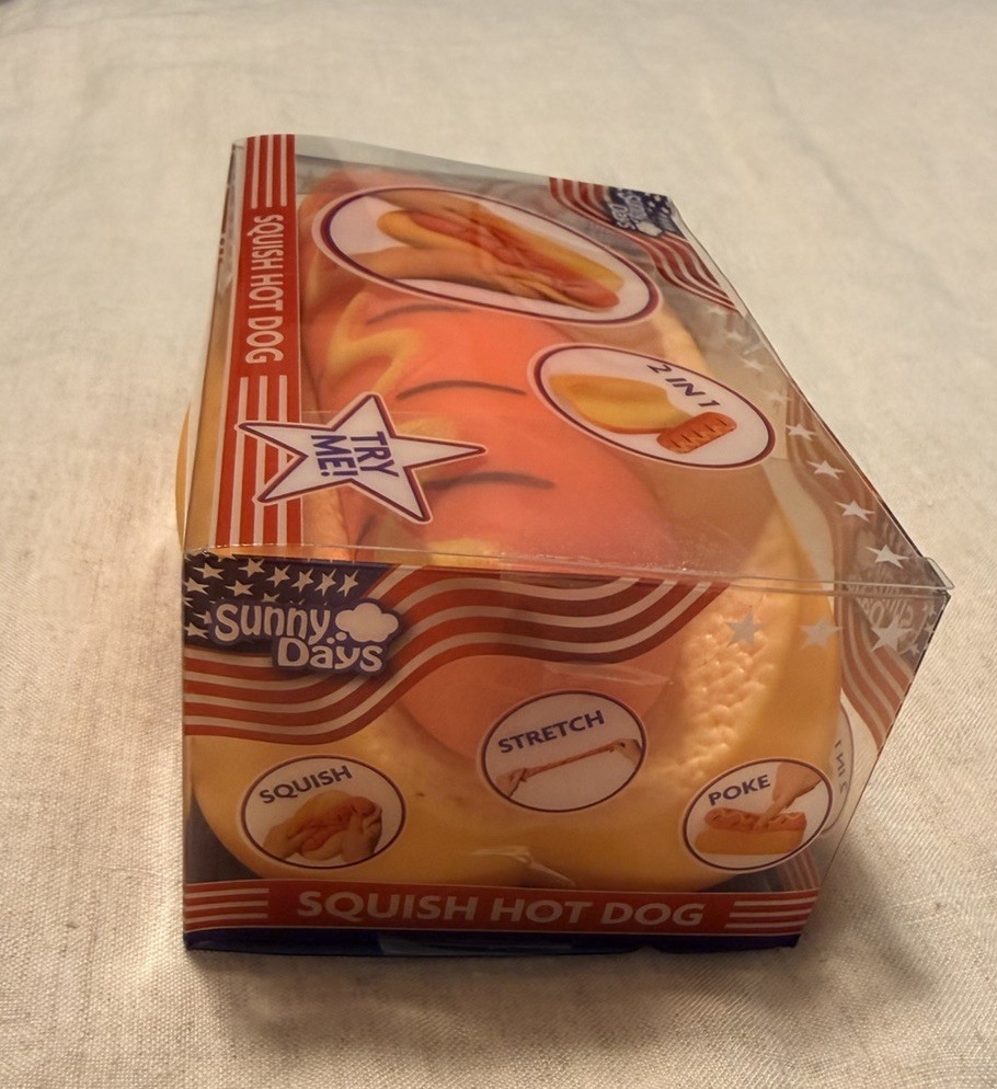 Squishy Hot Dog Squeezy Fidget Toy Sunny Days 2-in-1 Hotdog Stress Relief NEW
