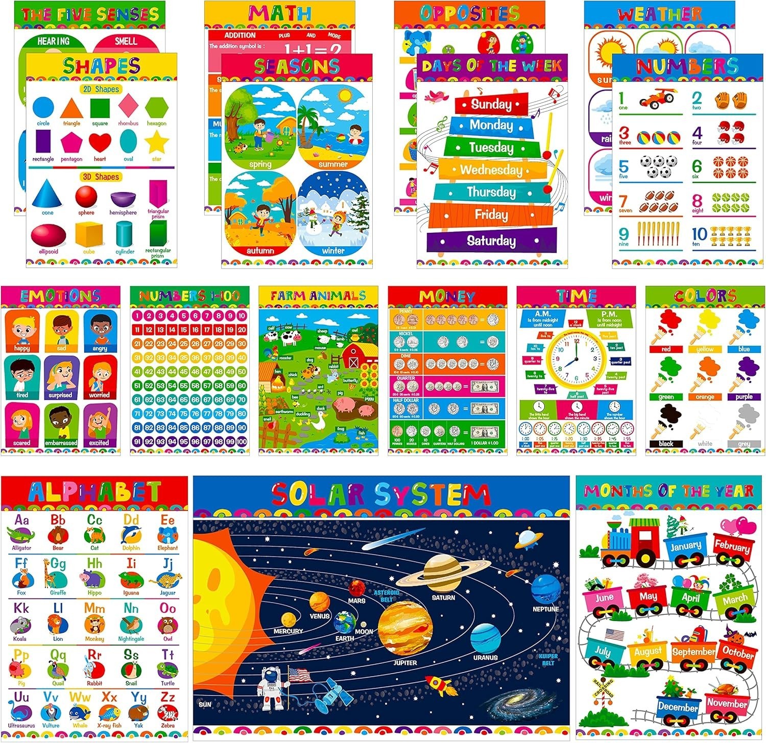 17 Packs Educational Poster, PET Film Covered Preschool Learning Tools for Nu…