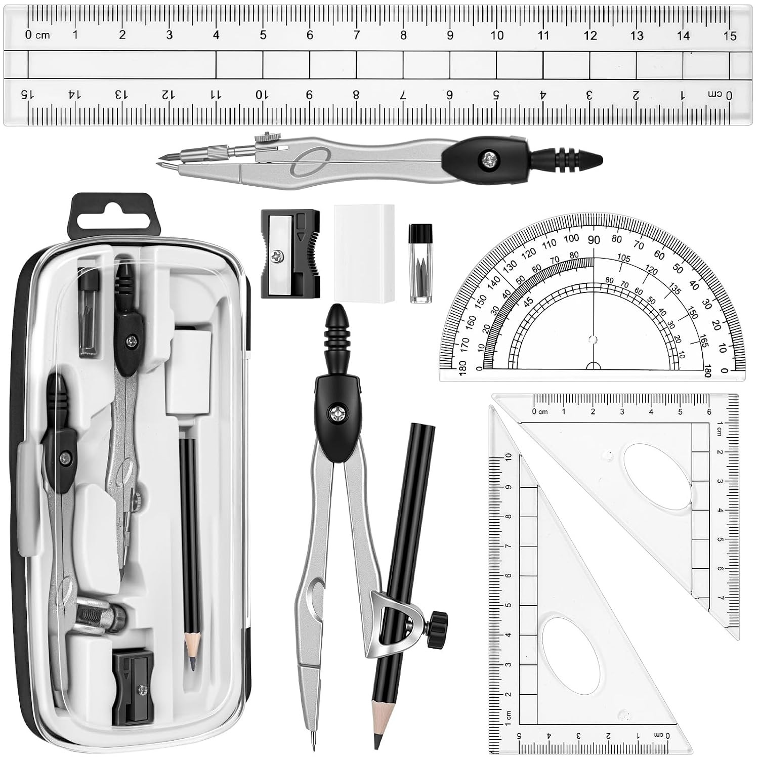 Geometry Math Set for Kids 10 Pcs Student Tools with Shatterproof Storage Box