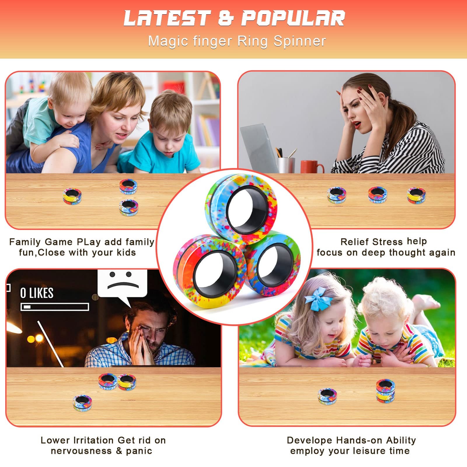 Cevioce 3Pcs Magnetic Rings Fidget Toy Set, ADHD Anxiety Small, [Multi]