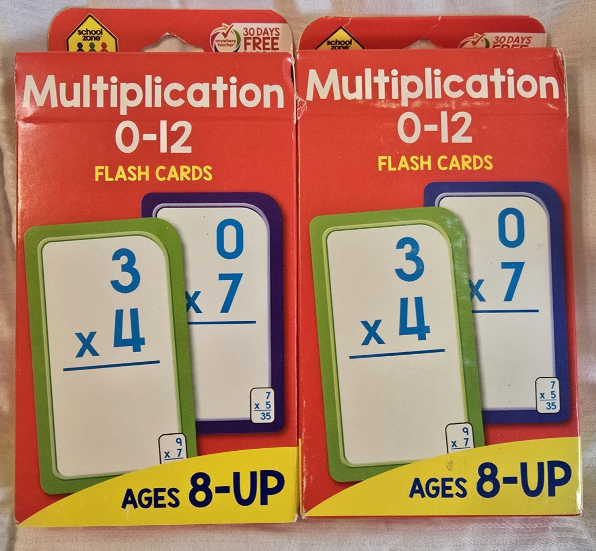 2 Boxes of School Zone Brand Multiplication Packs Ages 8 and UP