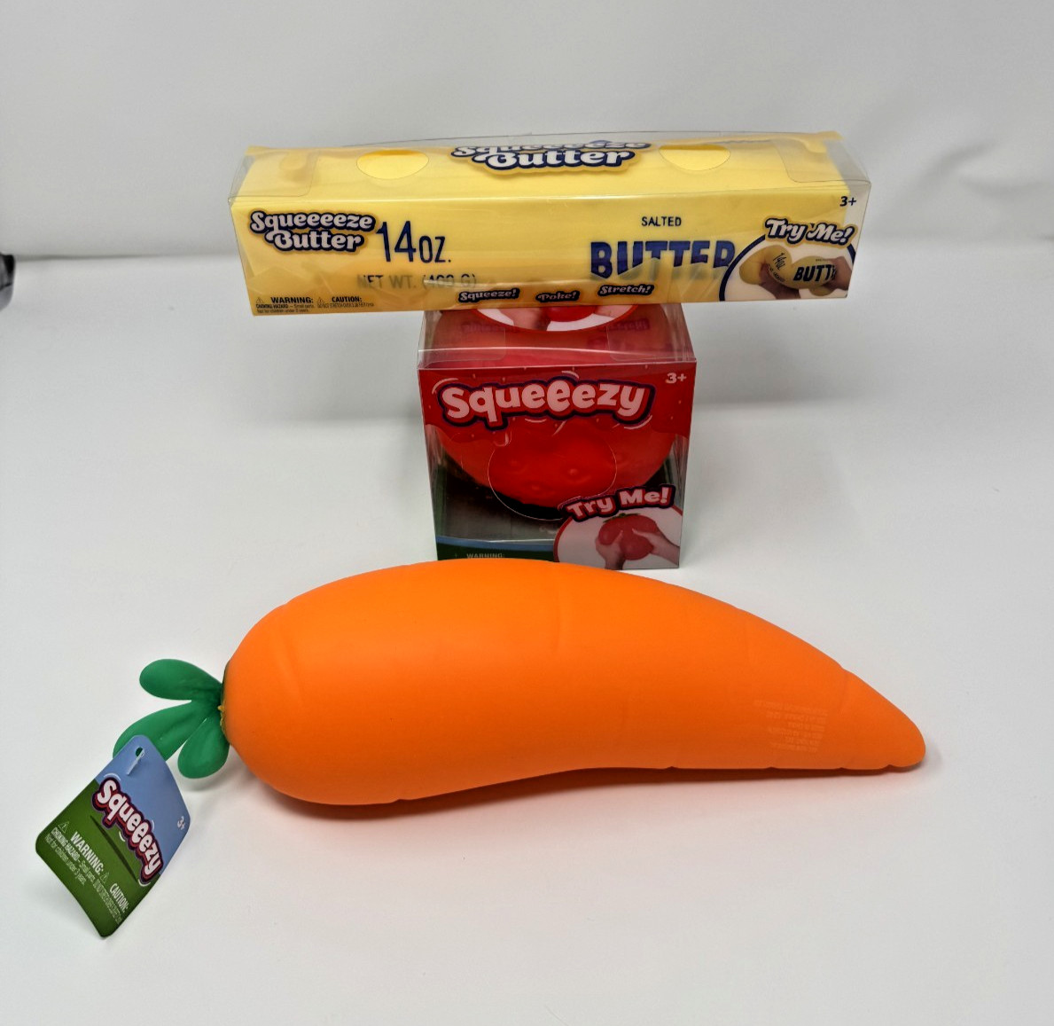 Sunny Days Jumbo Squeeezey LOT OF 3: Strawberry, Carrot, Butter NEW + SHIPS ASAP
