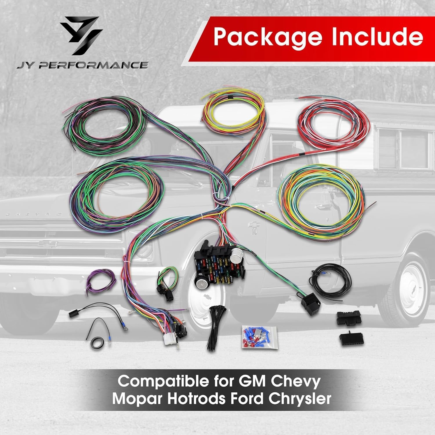 Universal 21 Circuit Wiring Harness Kit Extra Long Wire Standard Color 17 Fuses