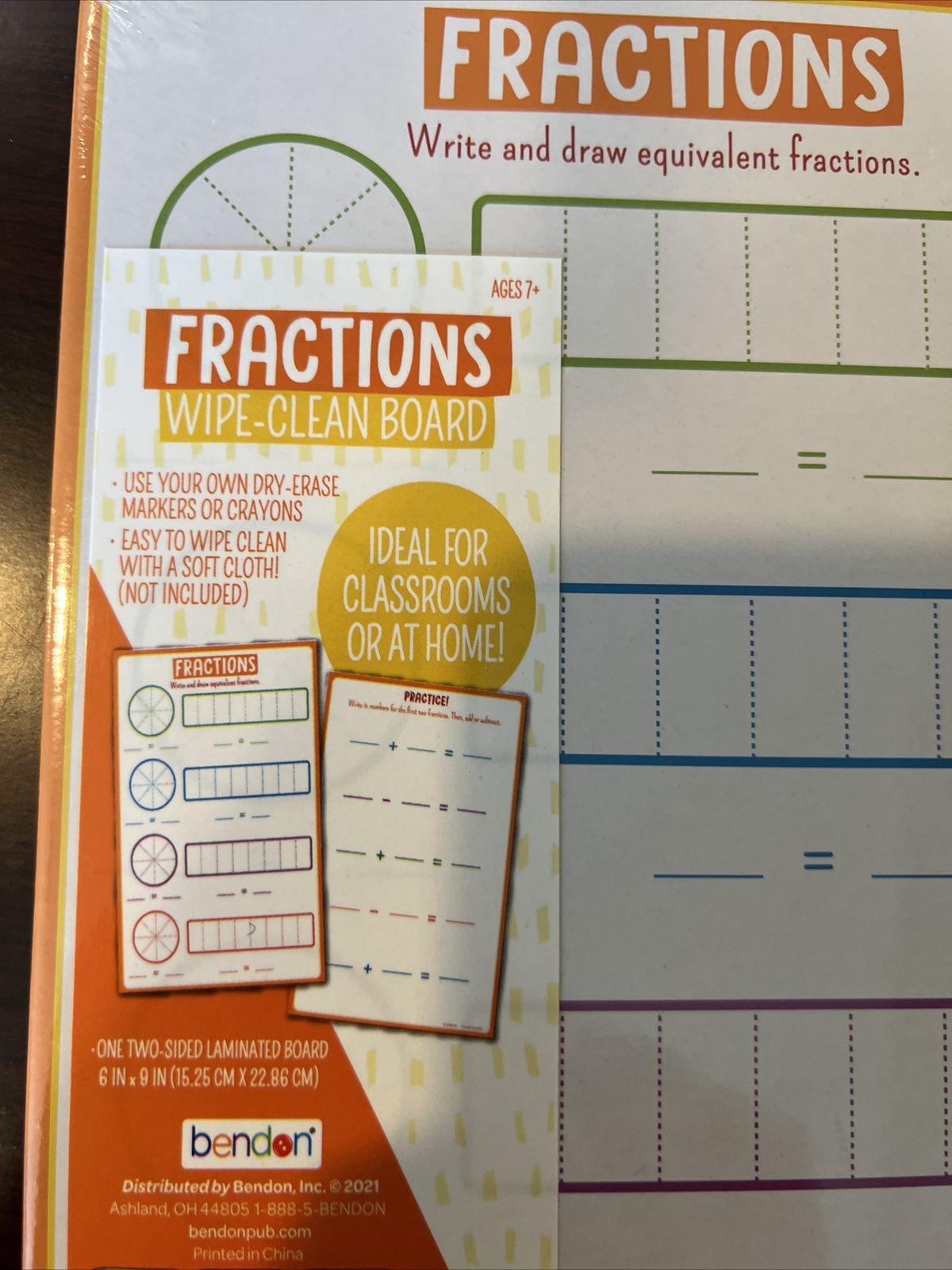 Bendon fractions dry erase board, Wipe Clean, 6in.x 9inch. Double Sided- NEW