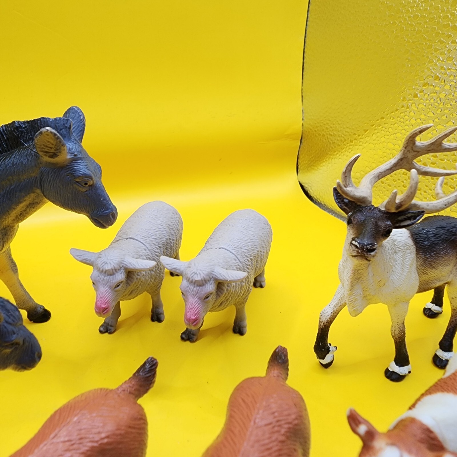9 Toy Animals 3-5″ Mixed Lot Cows Donkeys Sheep Goats Elk