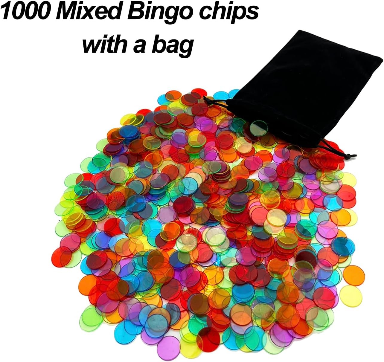 1000 Pieces 3/4 inch Transparent 6 Color Bingo Counting Chips with Bag – for Lar