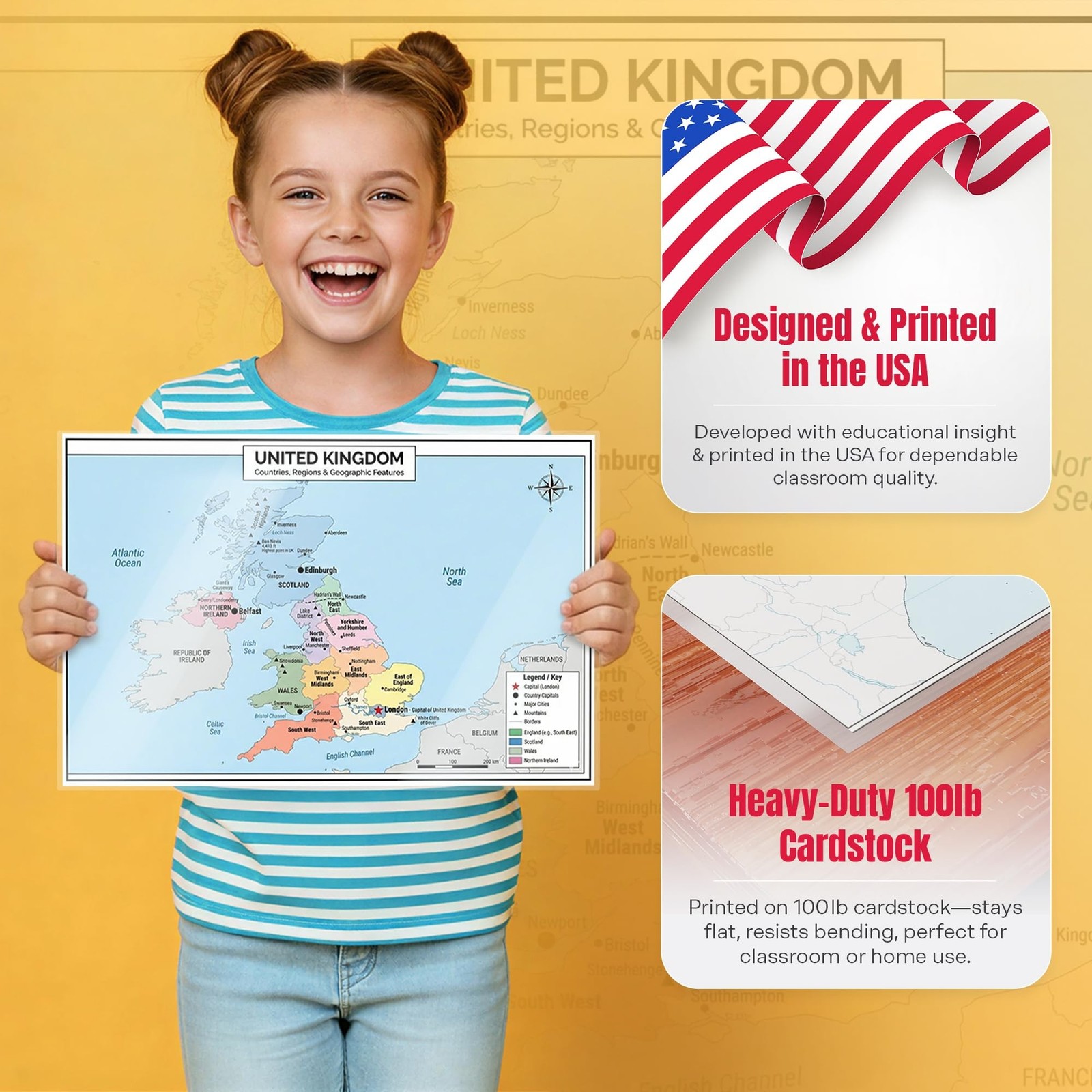 United Kingdom Poster 11×17 | Laminated Double-Sided Geography Chart with Col…