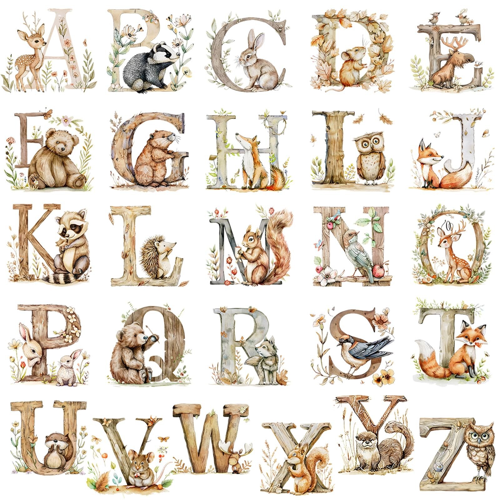 Woodland Alphabet Wall Decals Watercolor Animal ABC Wall Decals for Kids Peel…