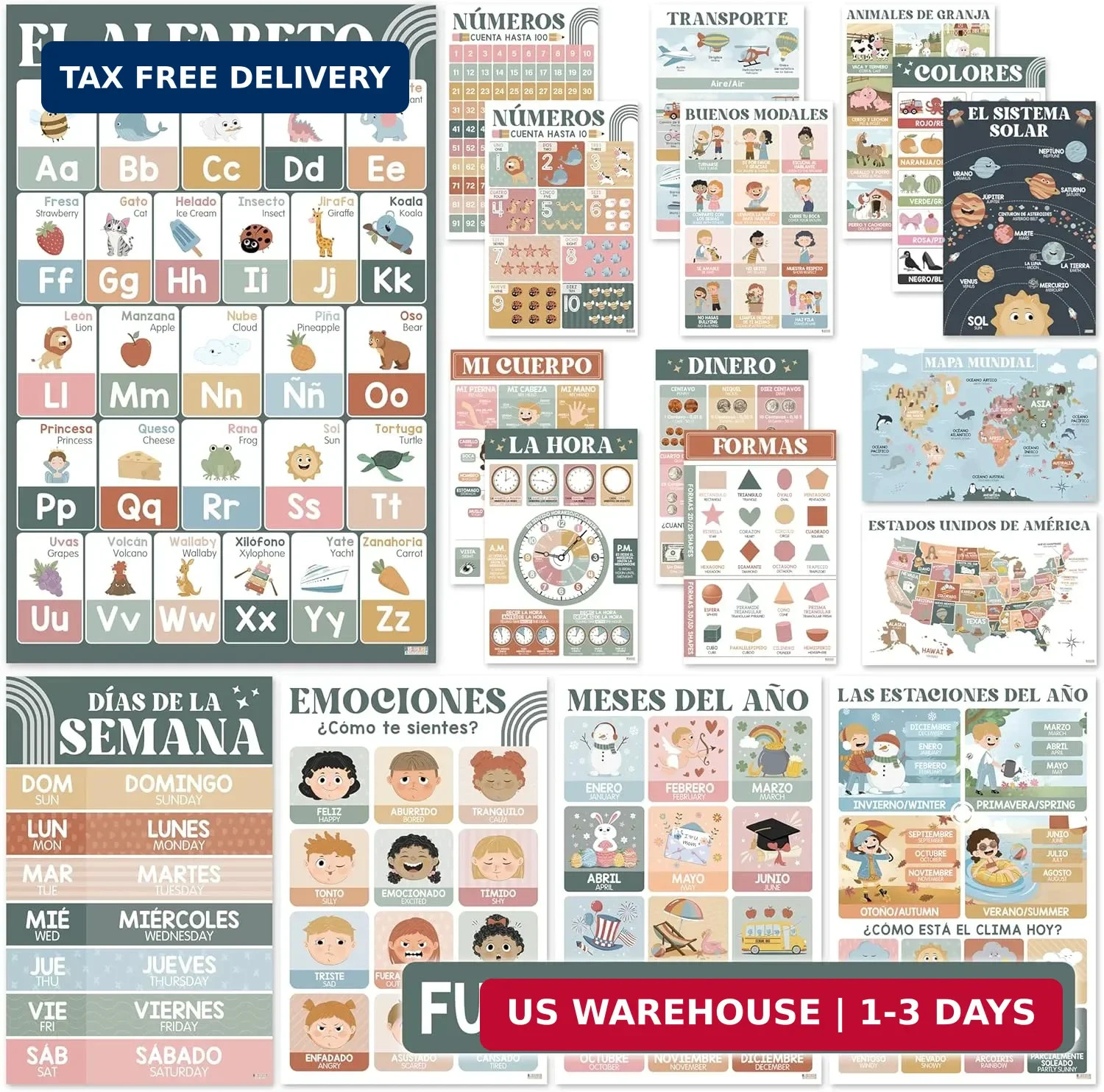 BEAWART 18 Laminated Spanish Classroom Posters 11×17 Inch – Boho Spanish Decor,