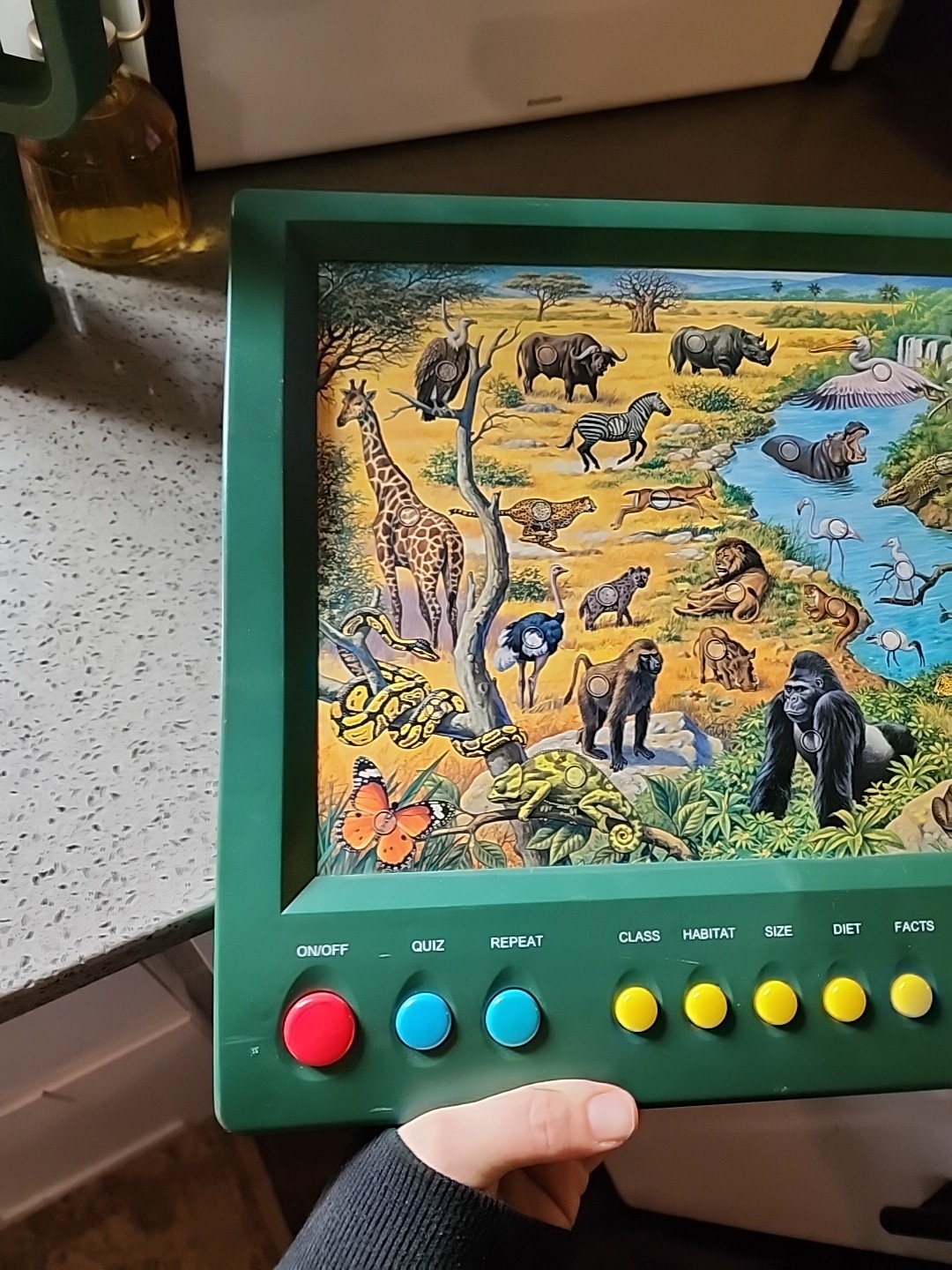 GEO GENIUS GREEN JUNGLE ANIMALS INTERACTIVE QUIZ TOY SOUND HABITAT FACTS 1998