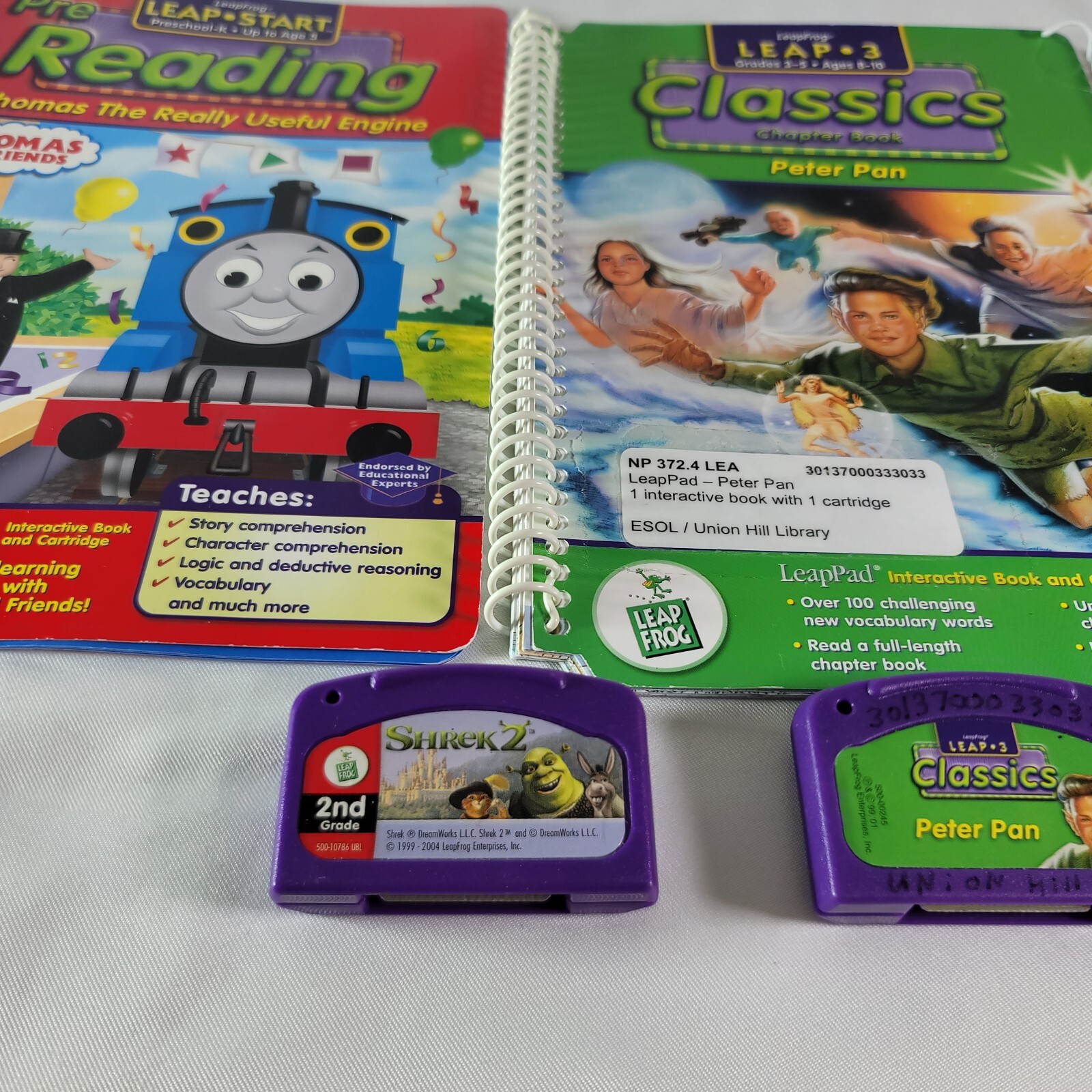 Lot Of LeapPad Books (3) And Two Cartridges (Shrek / Peter Pan)