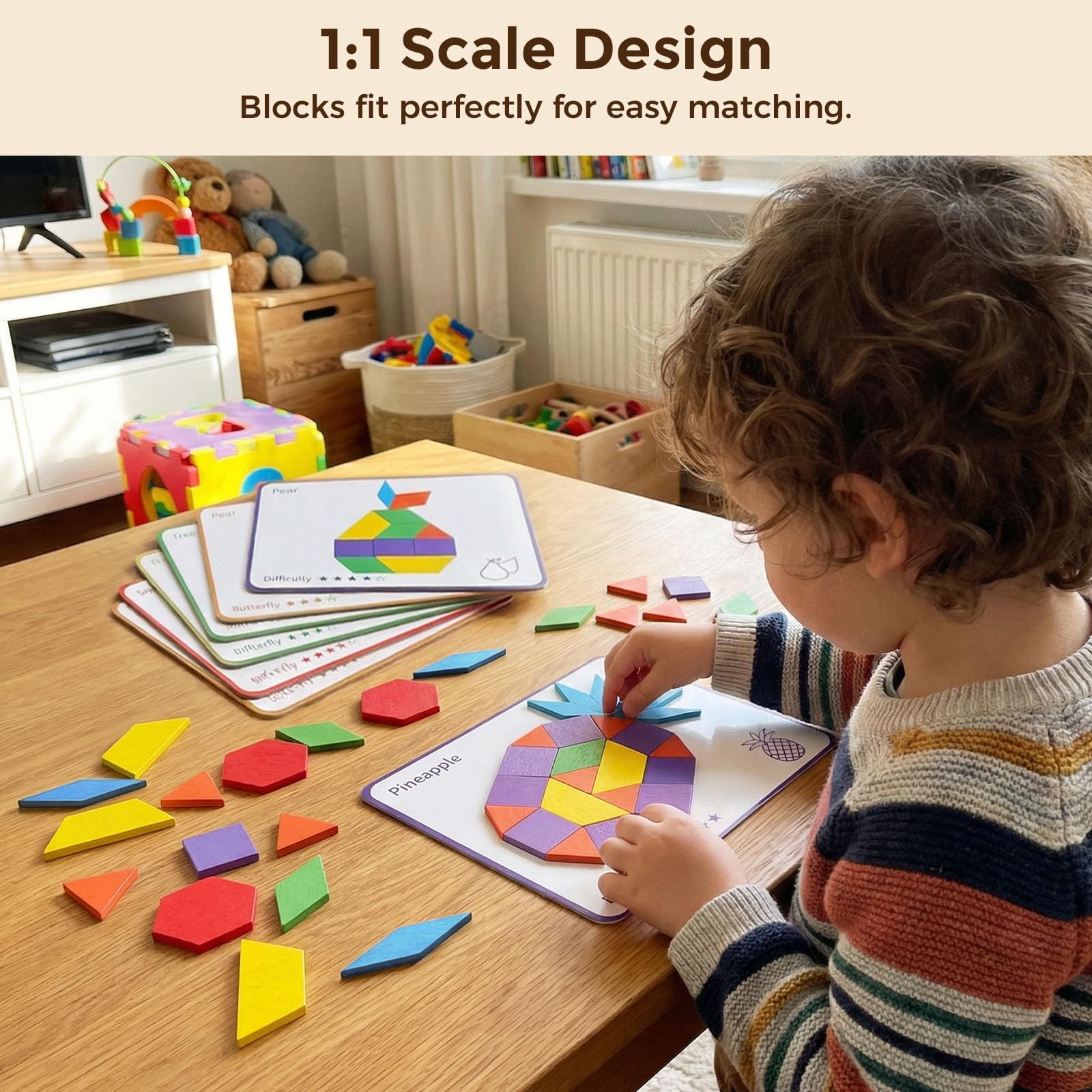 Wooden Pattern Blocks Set Kids Geometric Shapes Tangram Educational Toy