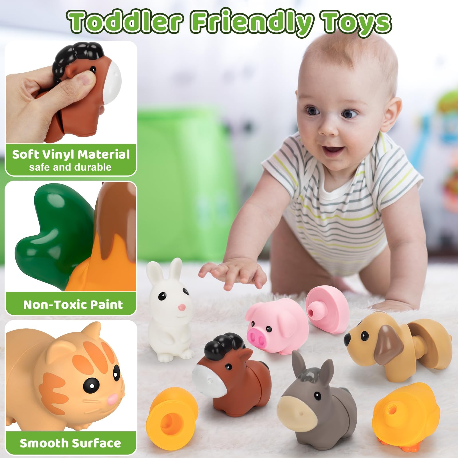 10 Pack Farm Animal Matching Toys, Montessori Gifts for 1-3 Year Old Toddlers